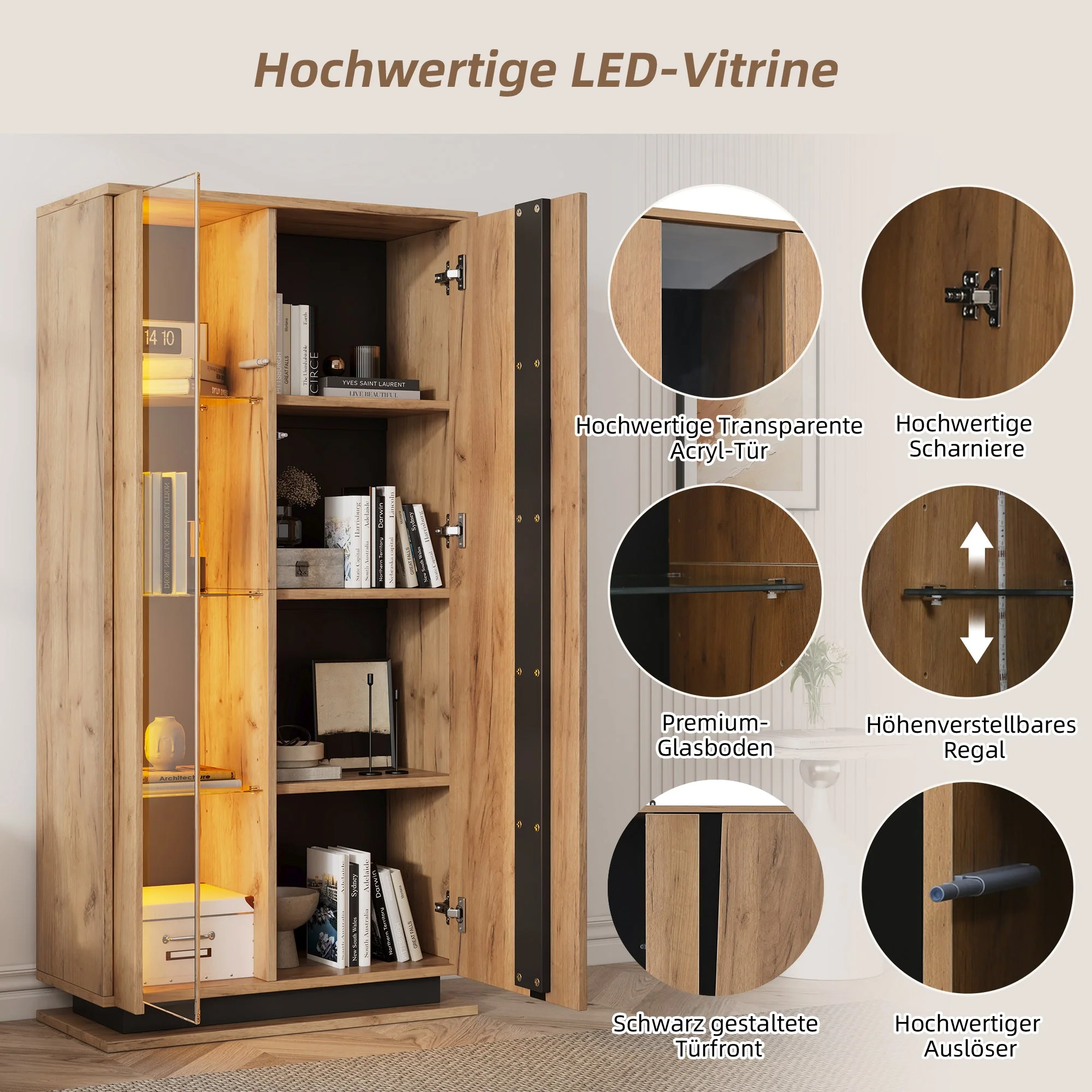 Display Cabinet 80x35x160cm 8 Shelves Glass Dividers Narrow Freestanding Acrylic Wood Color - Image 6