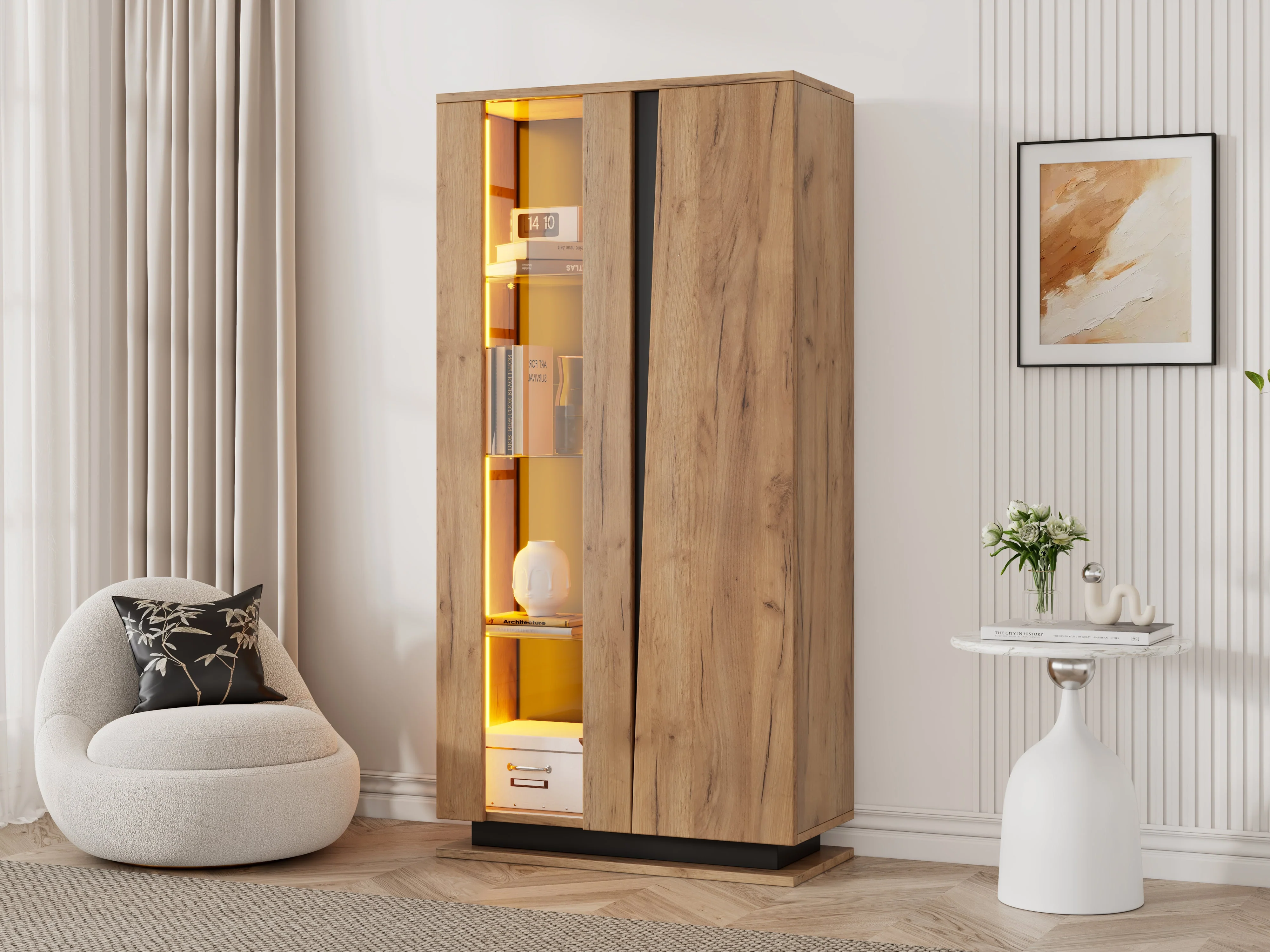 Display Cabinet 80x35x160cm 8 Shelves Glass Dividers Narrow Freestanding Acrylic Wood Color - Image 7