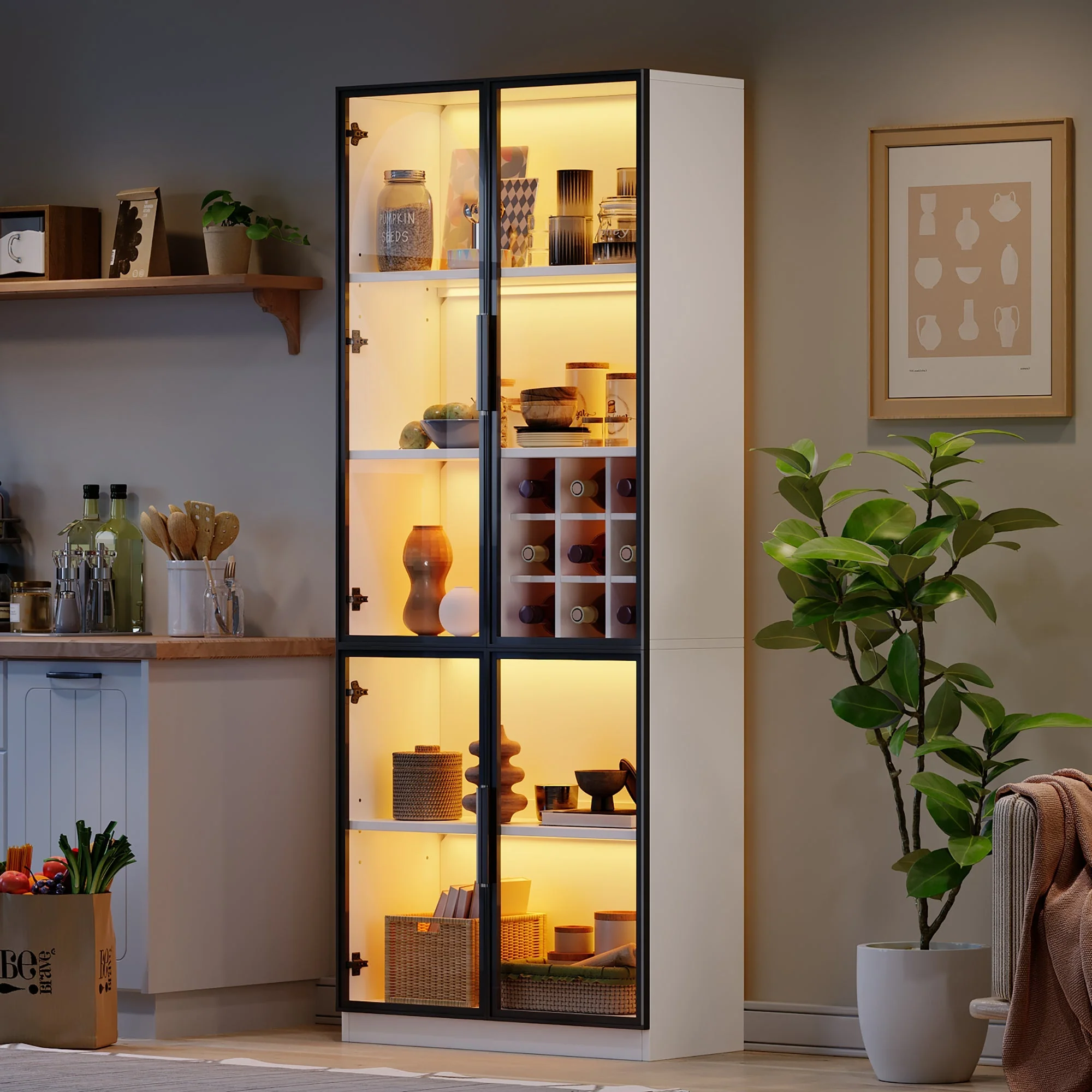 Display Cabinet 80x35x200cm Tall Cabinet Bookcase Wine Rack with Double Doors, Glass/LED
