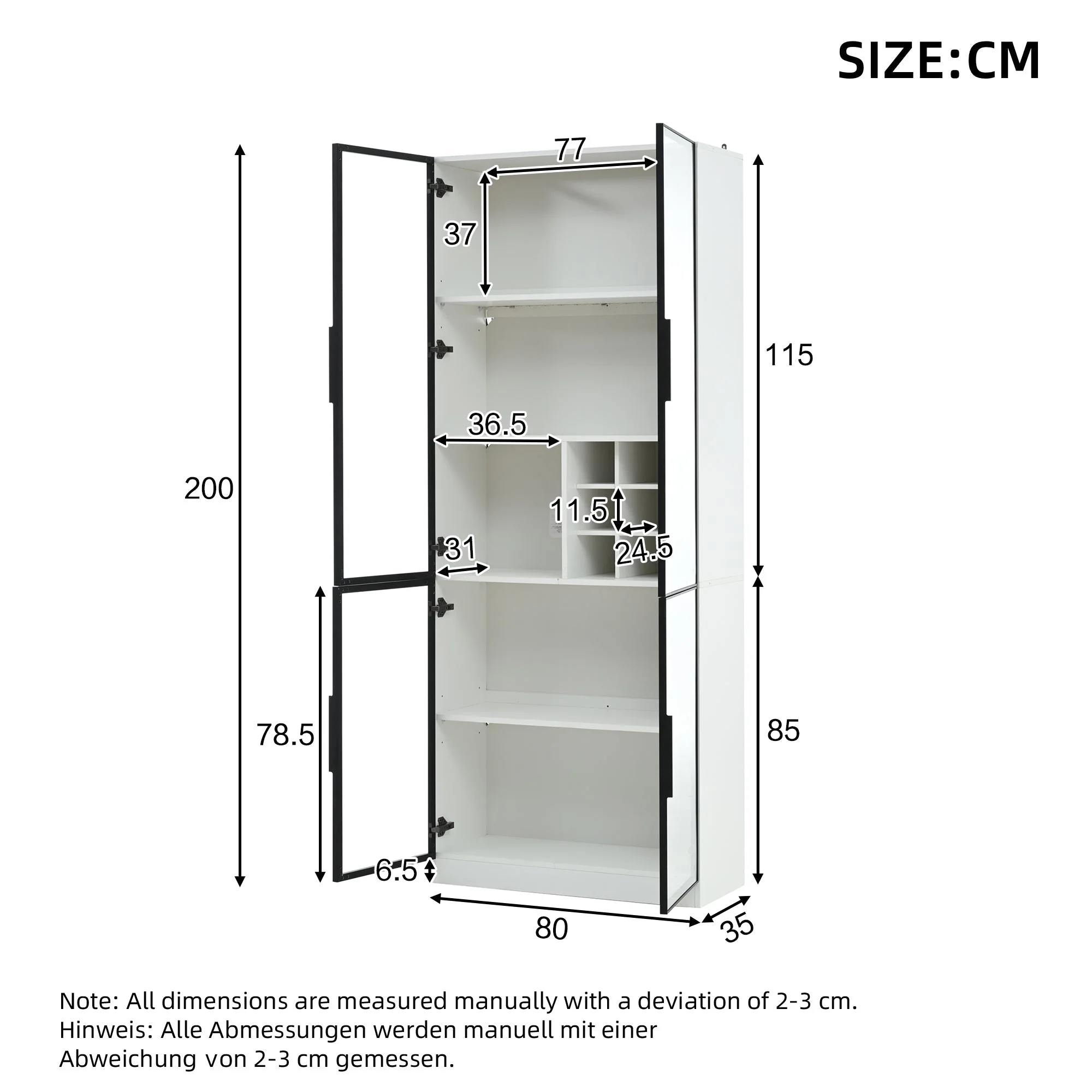 Display Cabinet 80x35x200cm Tall Cabinet Bookcase Wine Rack with Double Doors, Glass/LED - Image 8