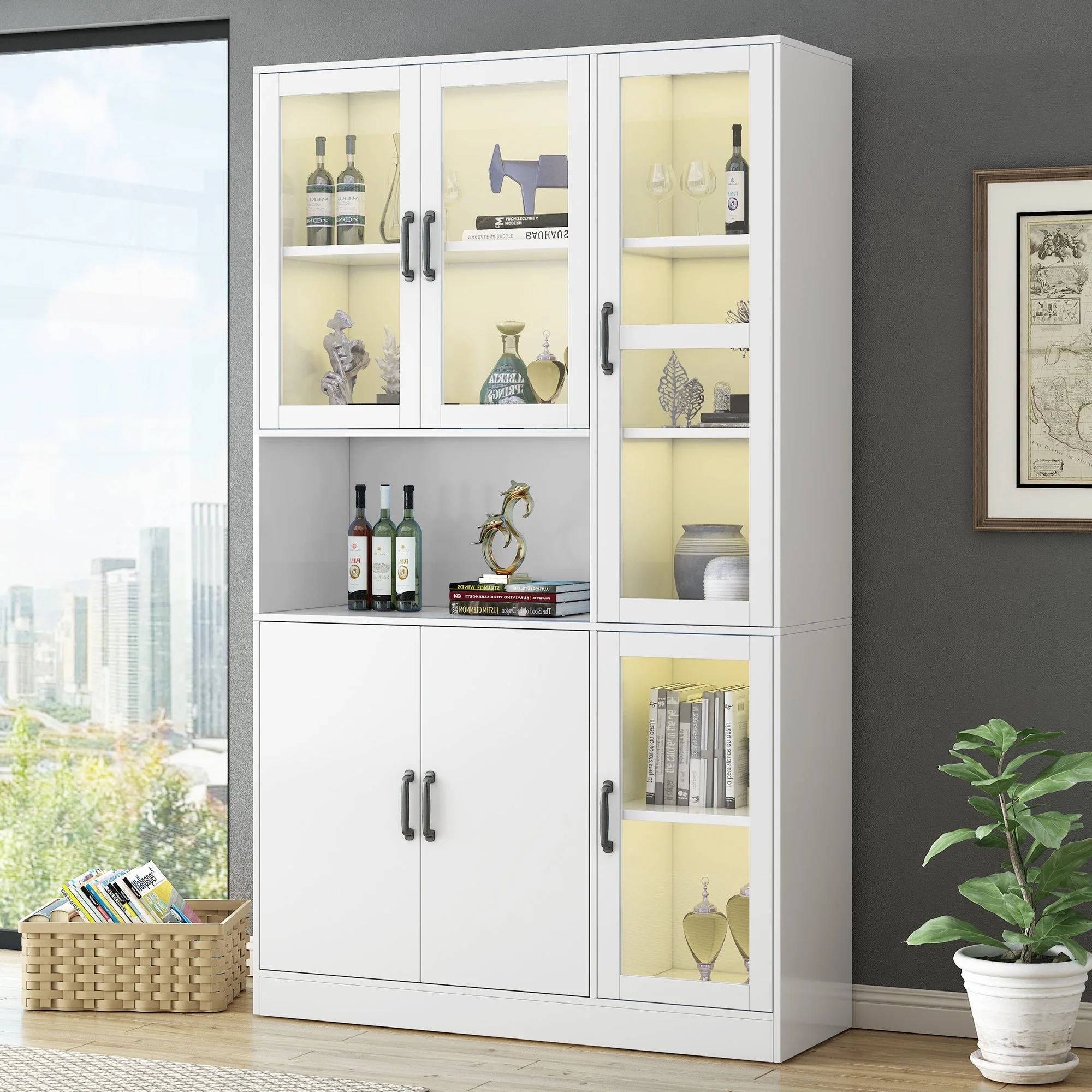 Display Cabinet Bookcase, LED Light, White
