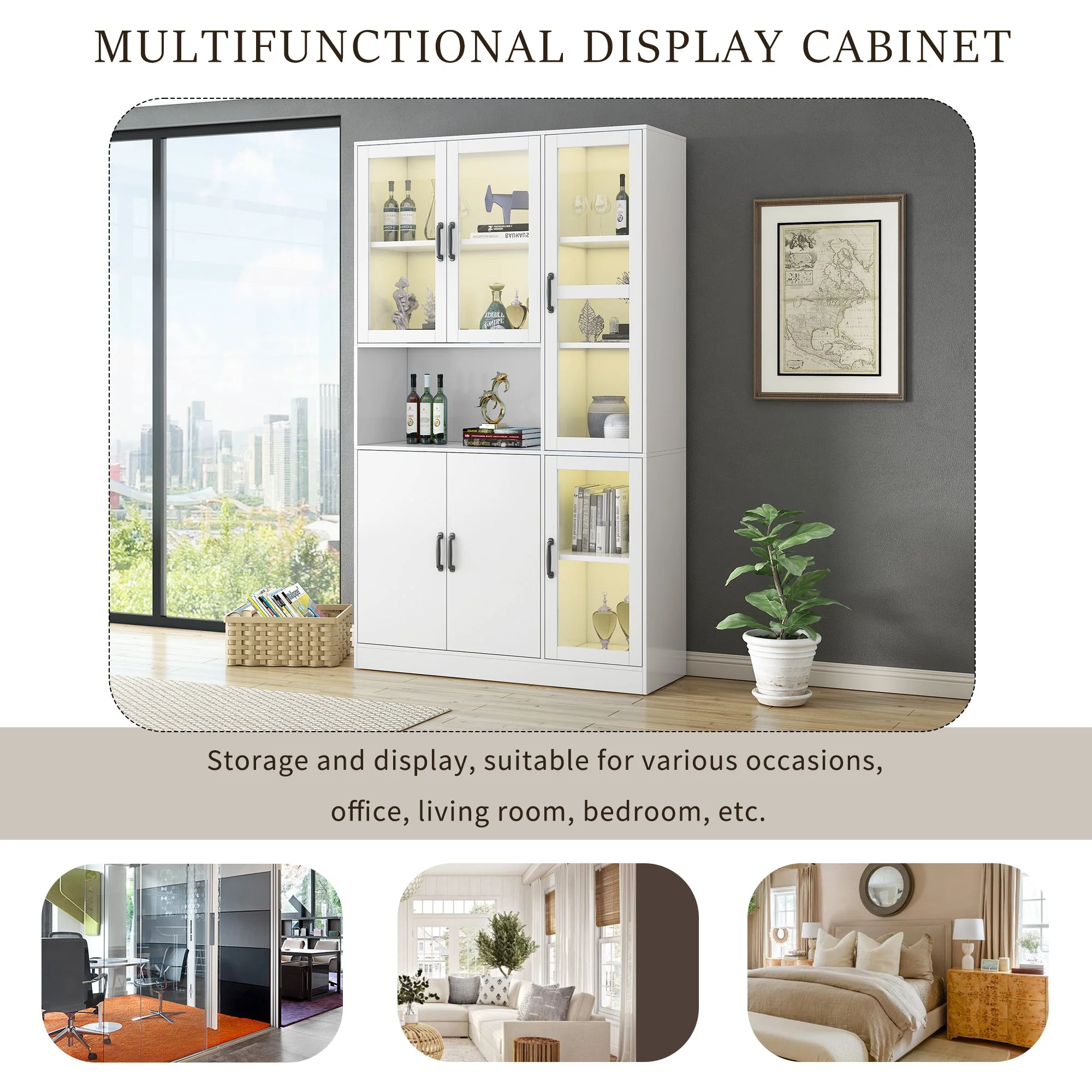 Display Cabinet Bookcase, LED Light, White - Image 10