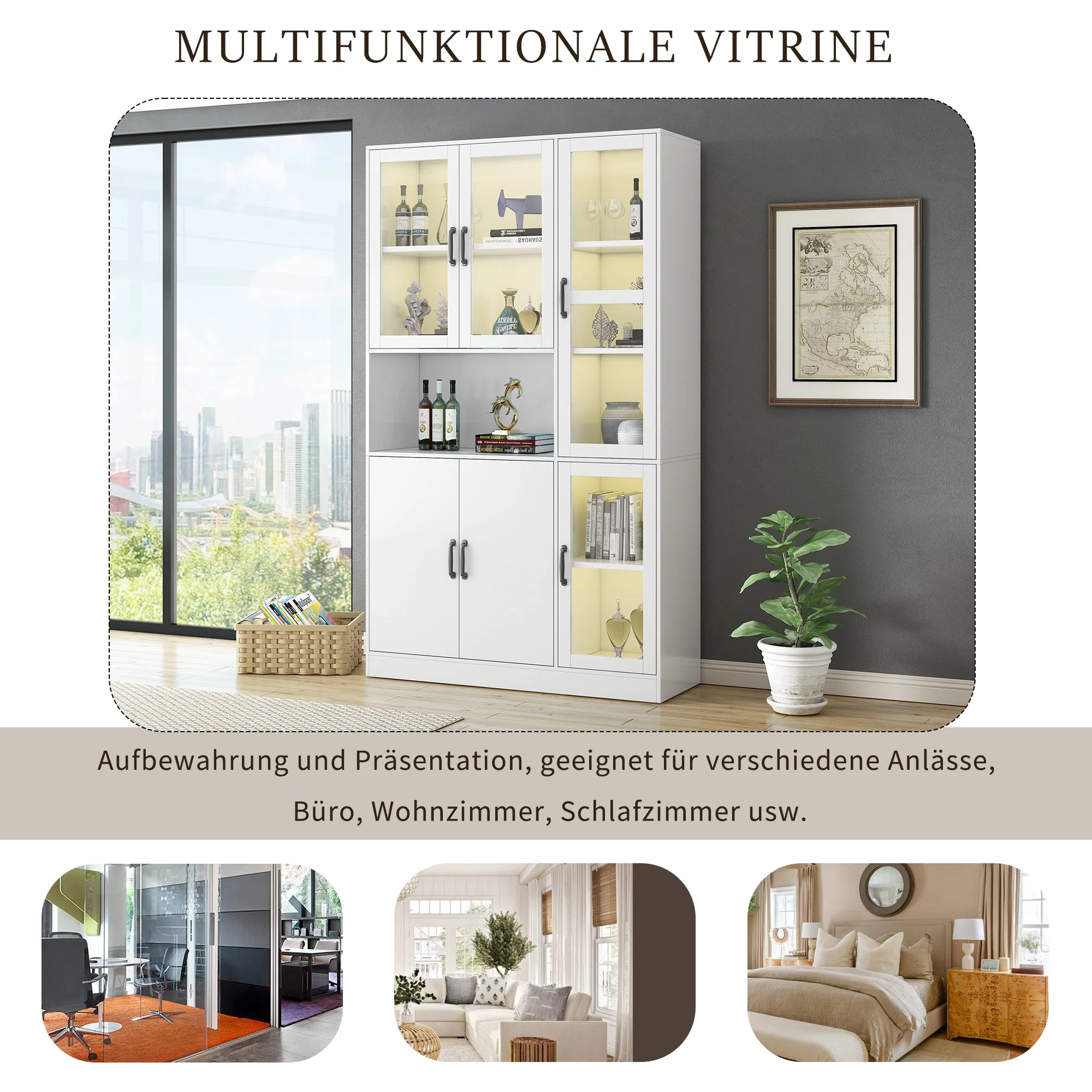 Display Cabinet Bookcase, LED Light, White - Image 6