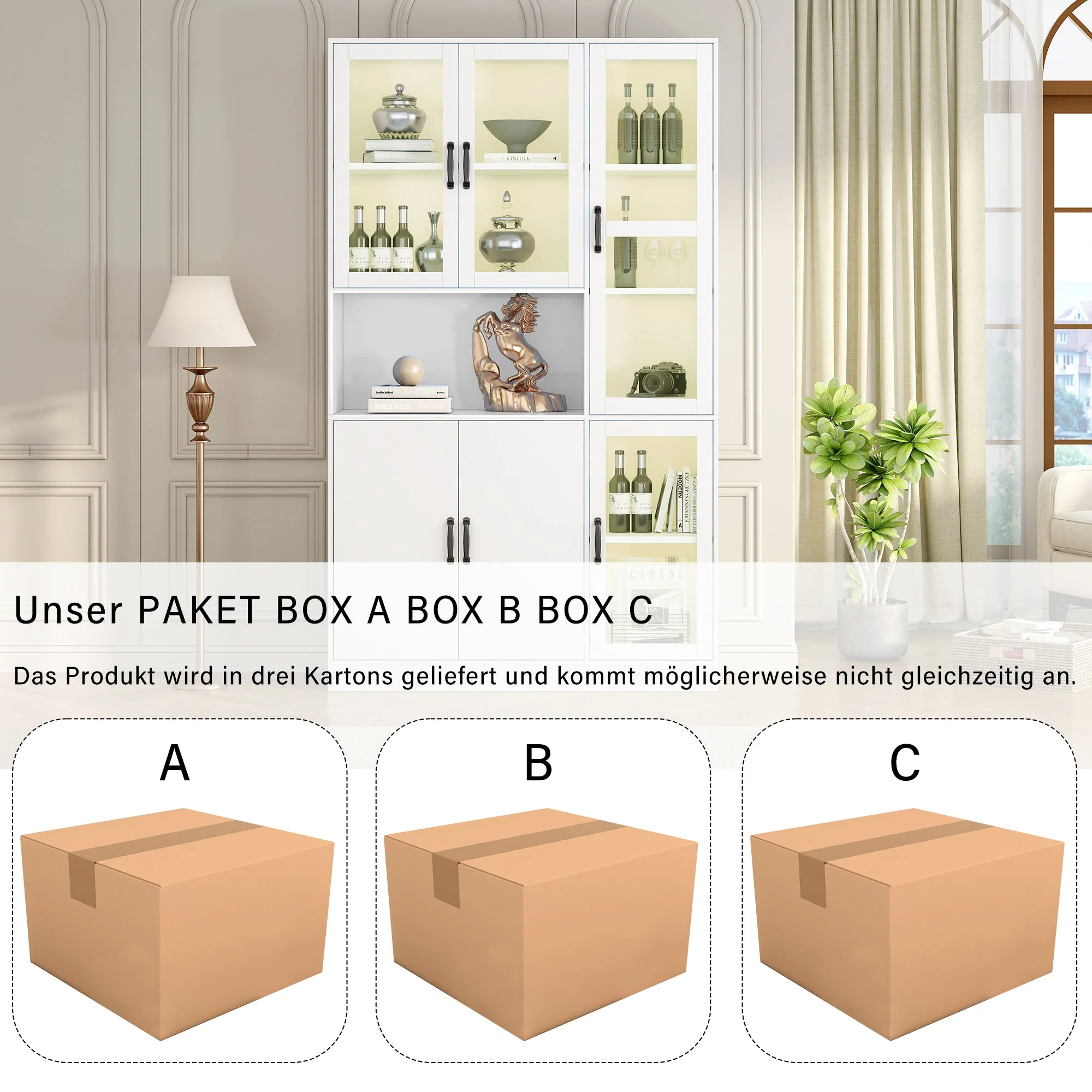 Display Cabinet Bookcase, LED Light, White - Image 7