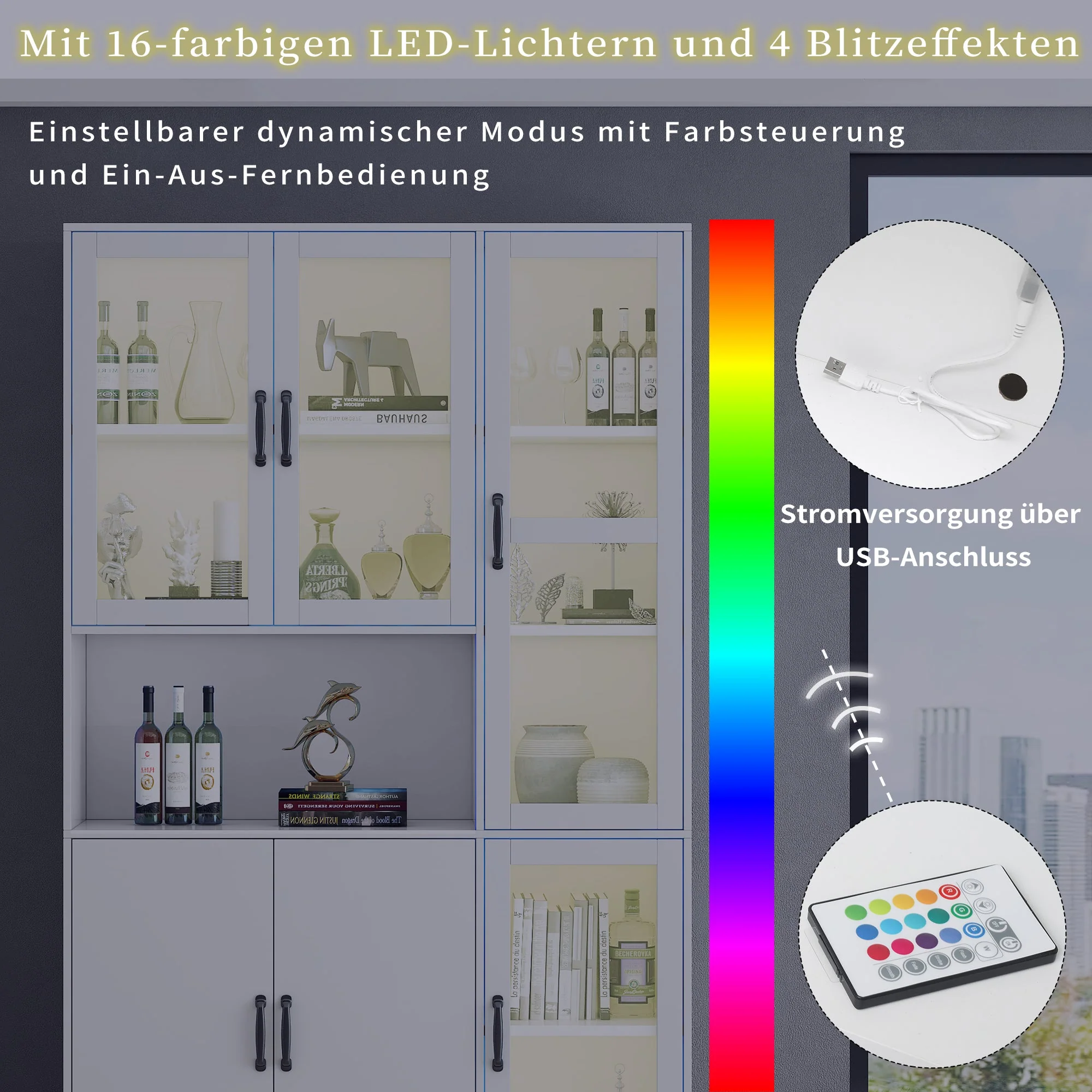 Display Cabinet Bookcase, LED Light, White - Image 8