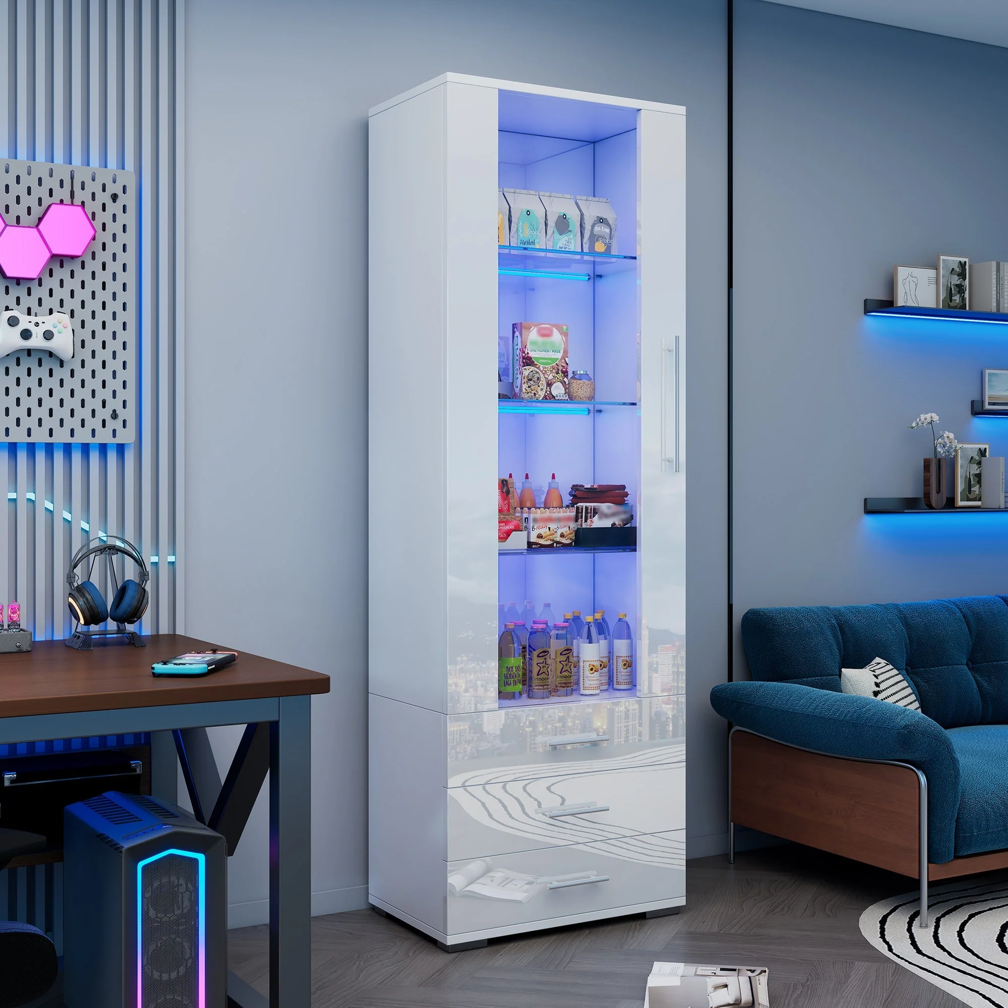 Display Cabinet Freestanding LED Glass 3 Drawers 60x35x180cm, High-Gloss White - Image 4