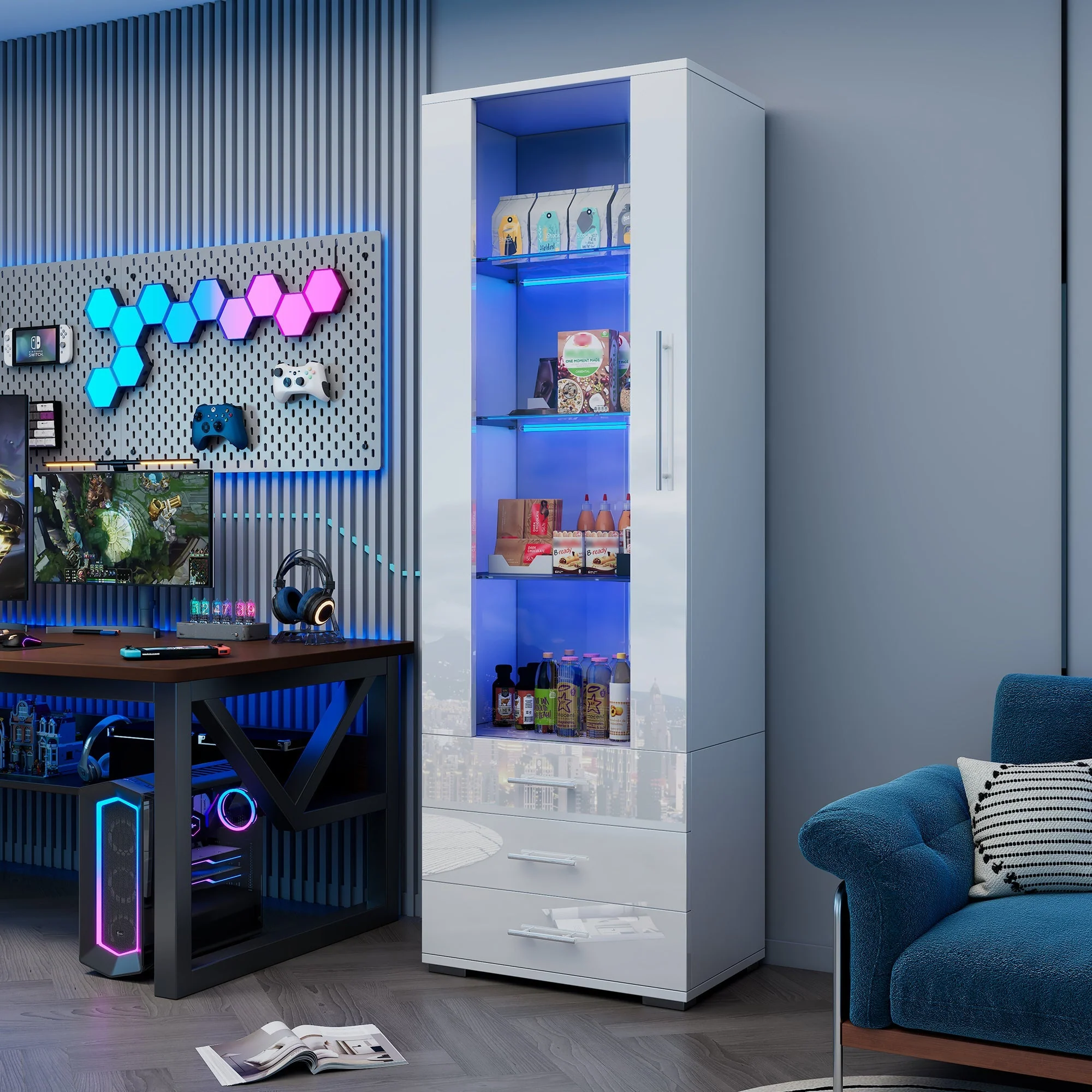 Display Cabinet Freestanding LED Glass 3 Drawers 60x35x180cm, High-Gloss White - Image 5