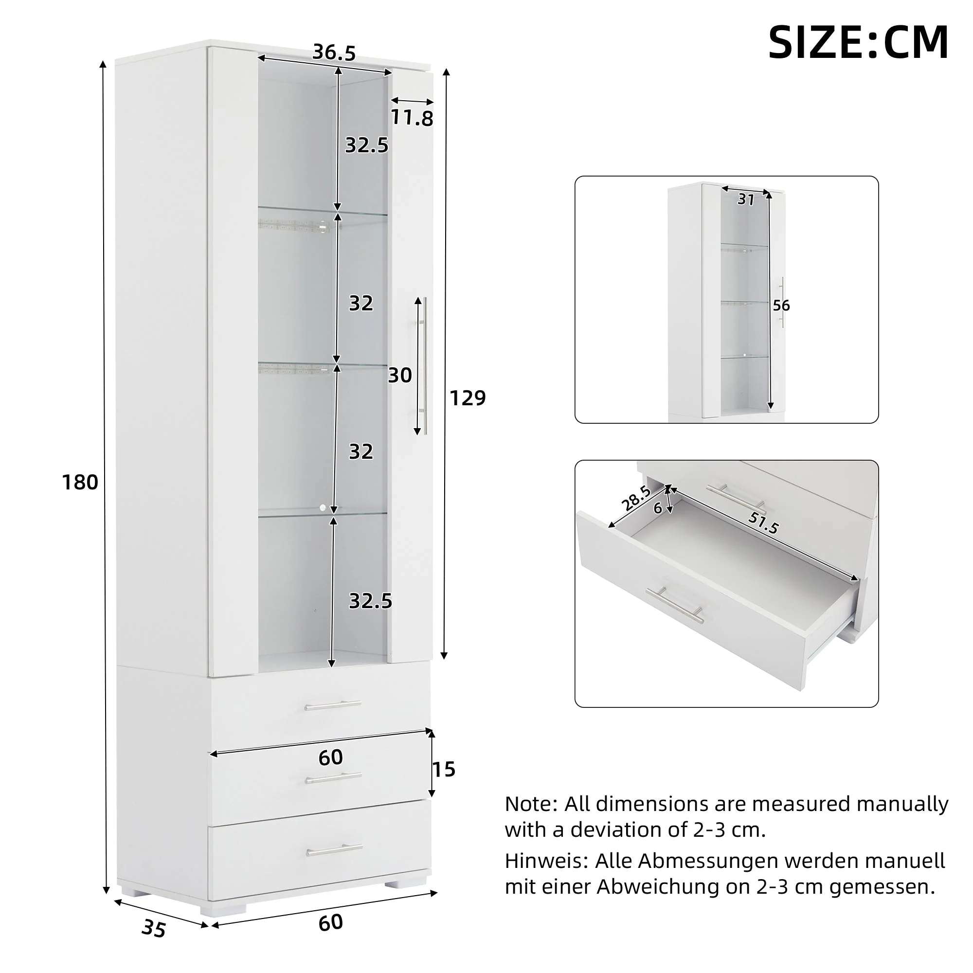 Display Cabinet Freestanding LED Glass 3 Drawers 60x35x180cm, High-Gloss White - Image 7