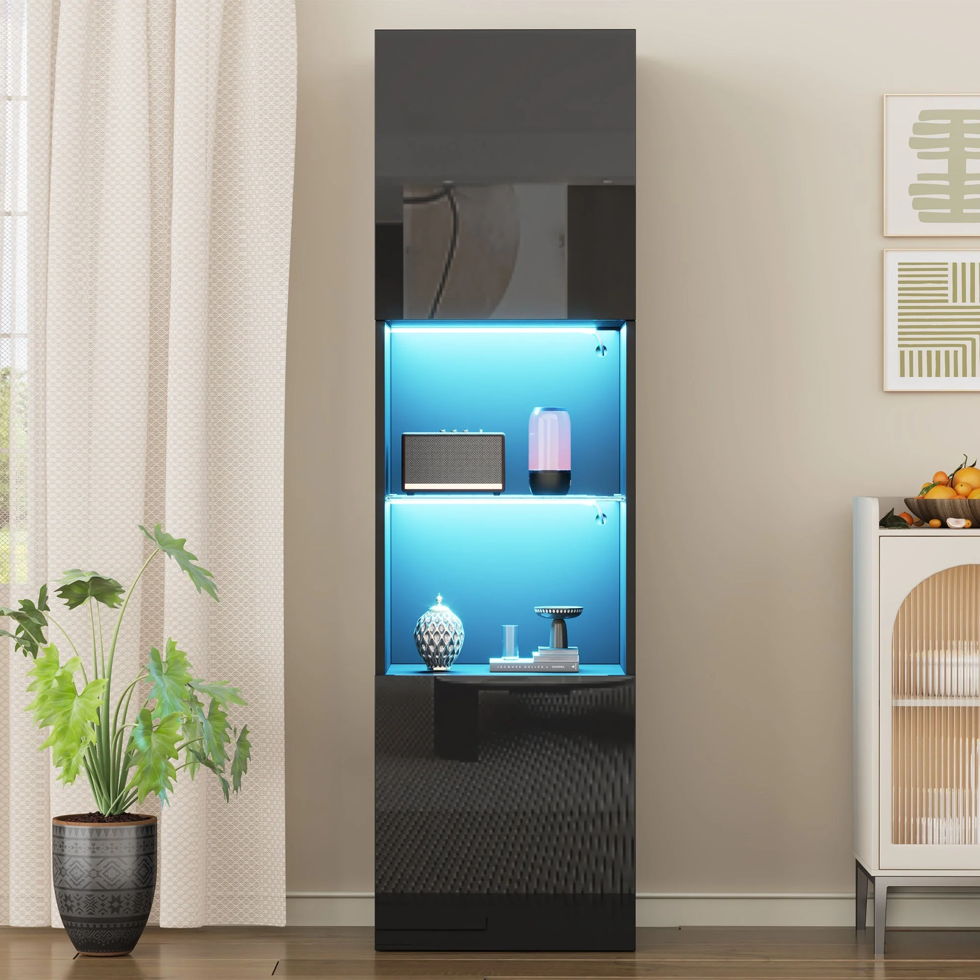 Display Cabinet, Freestanding with LED Lighting, 1 Glass Shelf, Black - Image 4