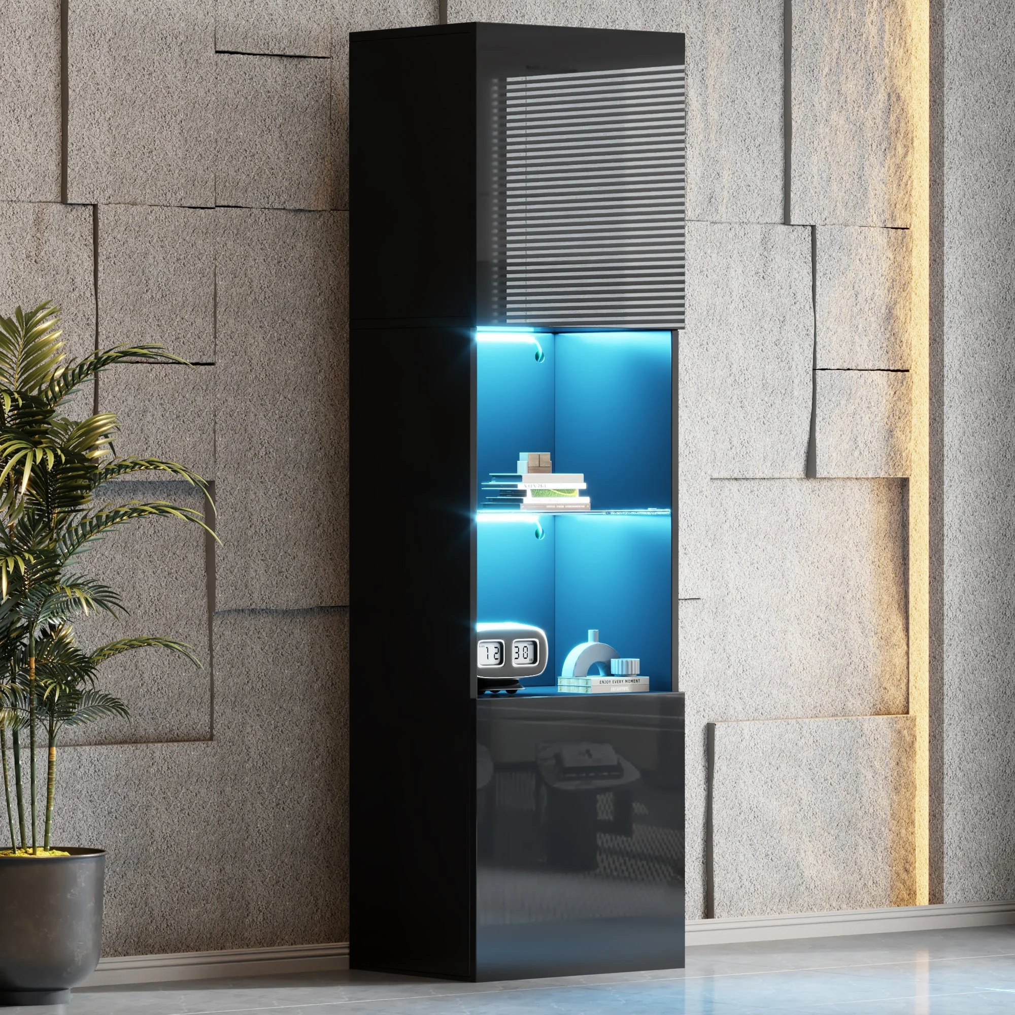 Display Cabinet, Freestanding with LED Lighting, 1 Glass Shelf, Black - Image 6