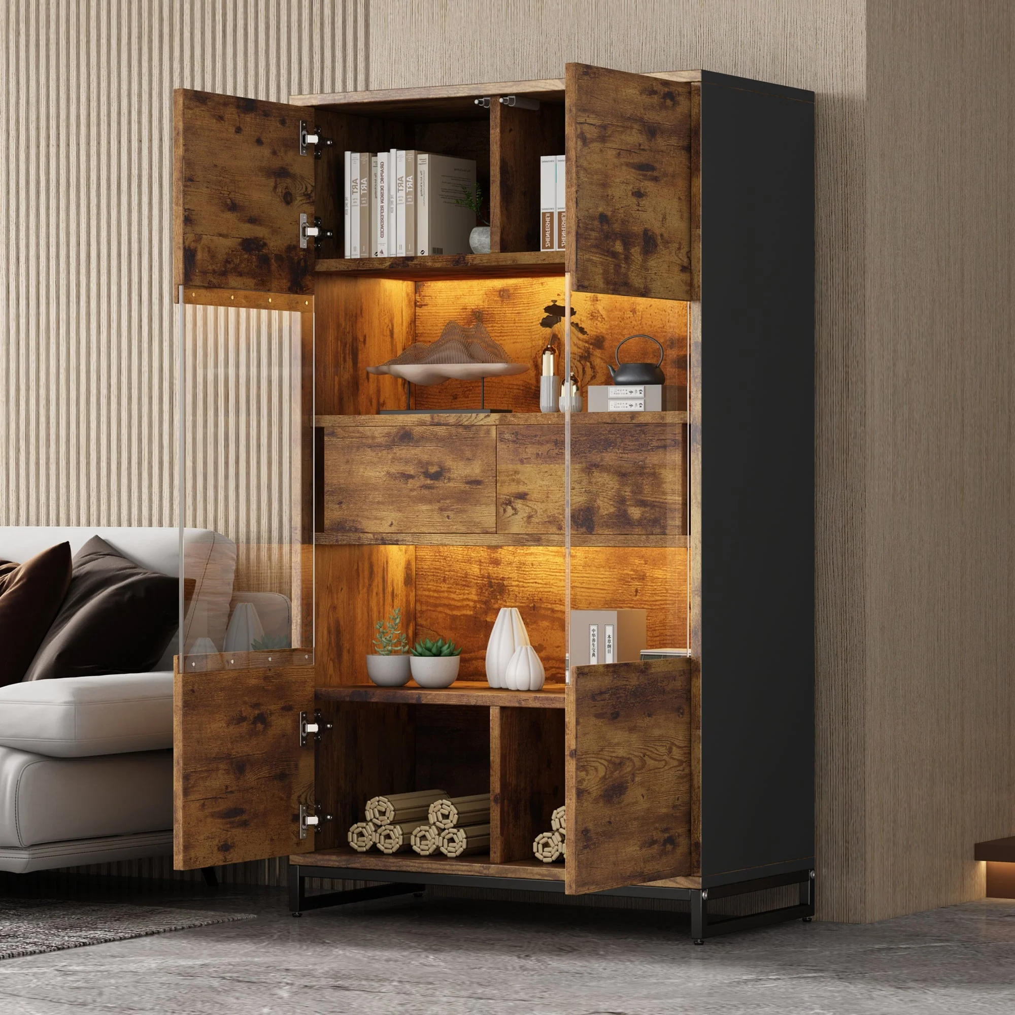 Display Cabinet LED Lighting Storage 2 Drawers Highboard, Black + Wood Grain - Image 3