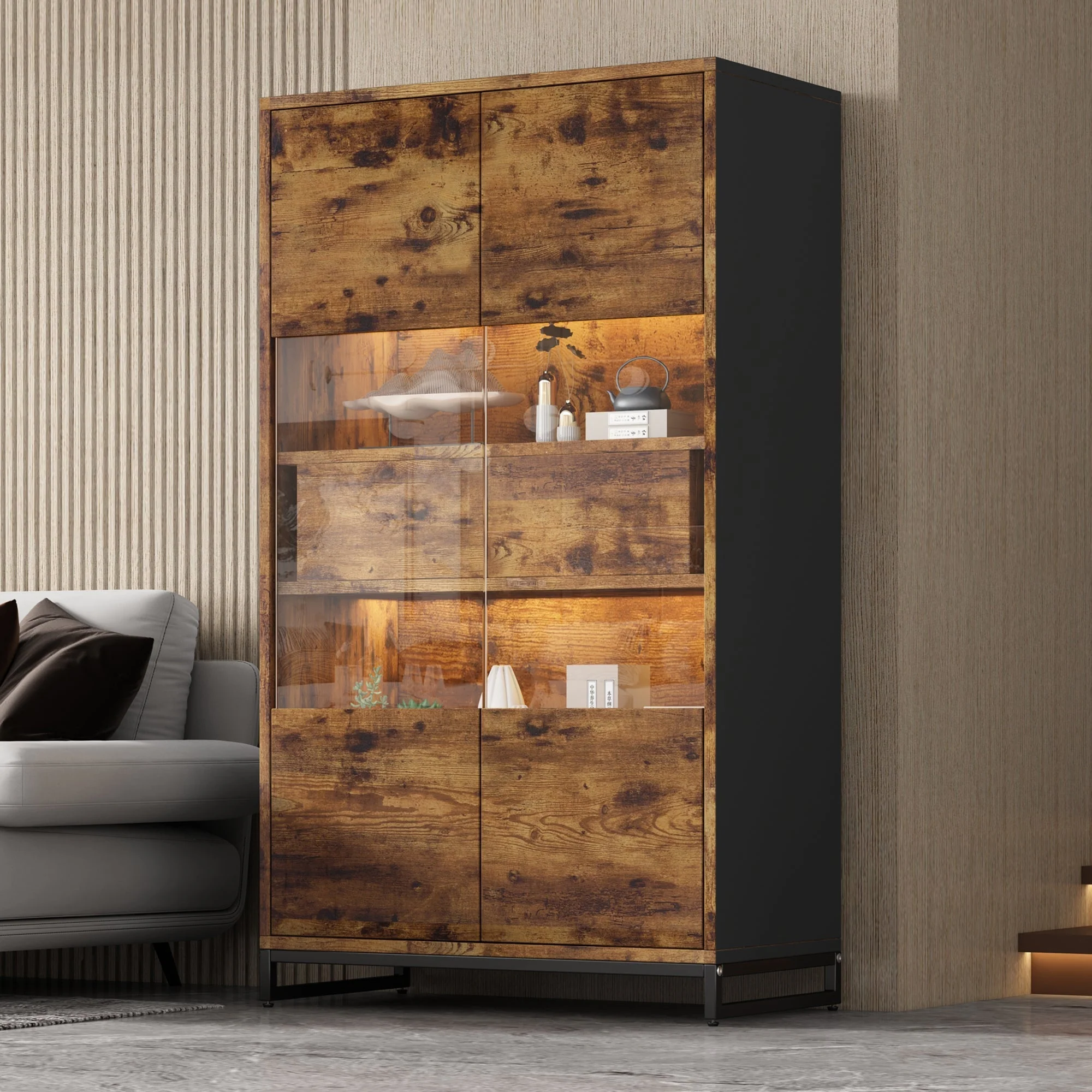 Display Cabinet LED Lighting Storage 2 Drawers Highboard, Black + Wood Grain - Image 5
