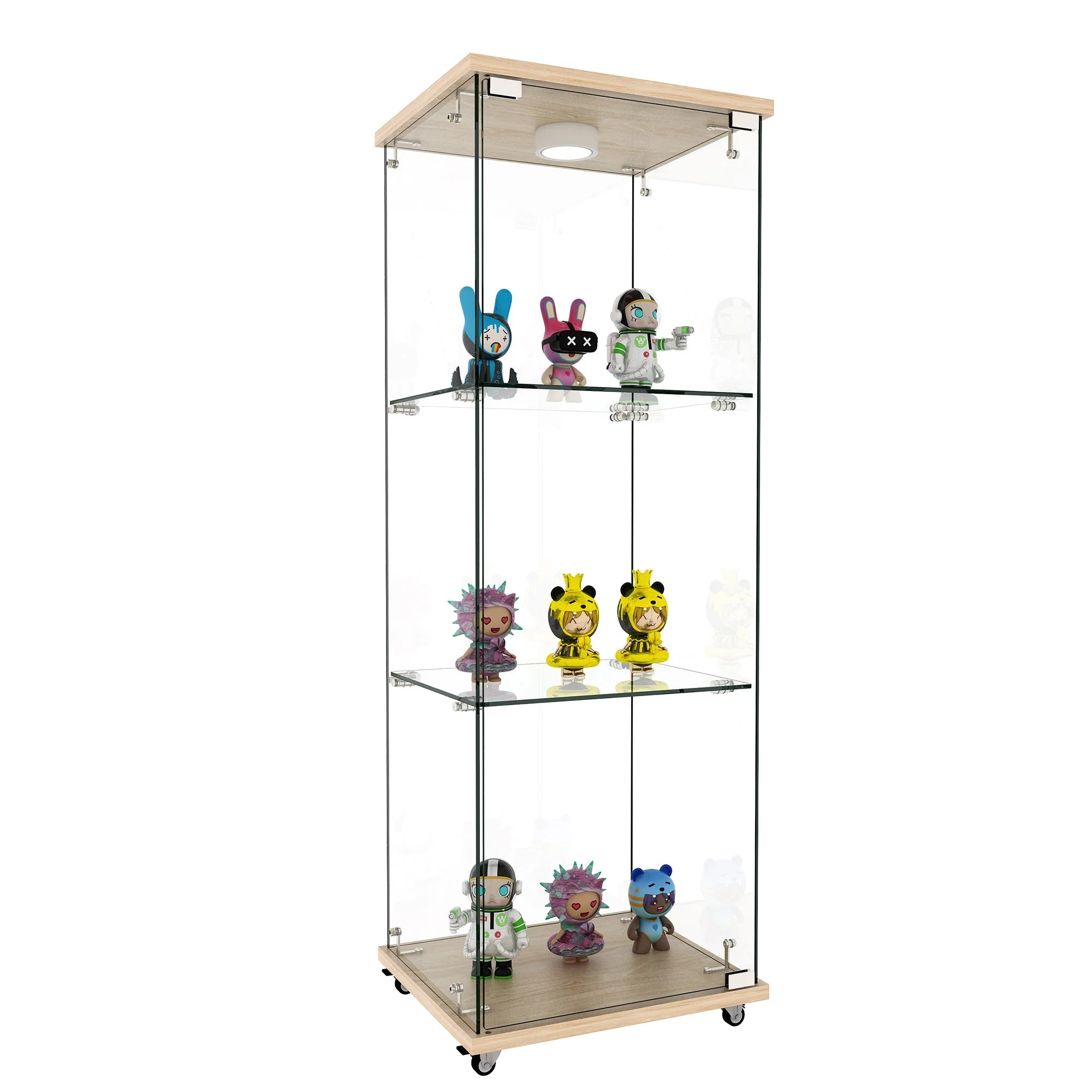 Display Cabinet Modern LED Tempered Glass Single Door 3-Tier - Natural Wood Look - Image 3