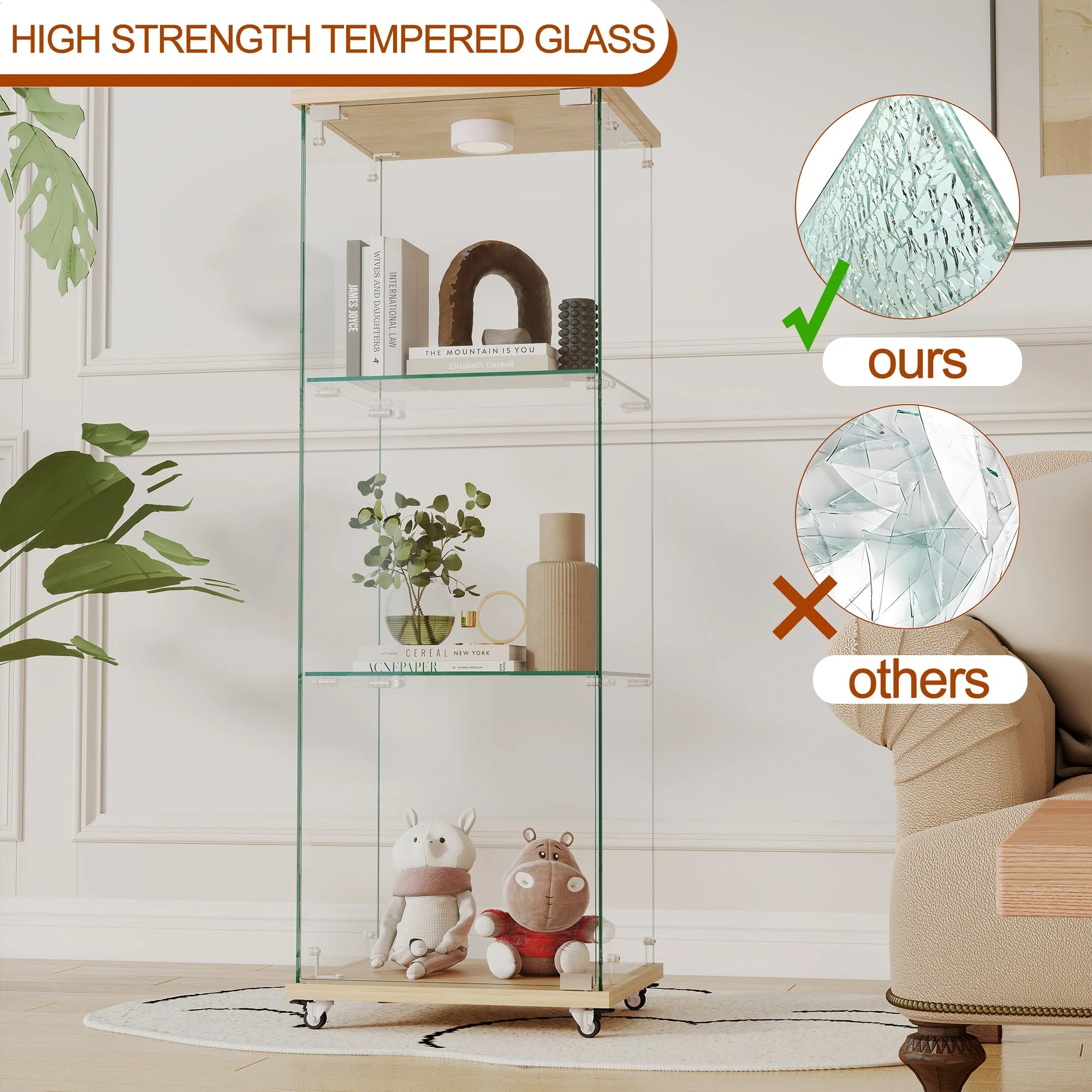 Display Cabinet Modern LED Tempered Glass Single Door 3-Tier - Natural Wood Look - Image 7