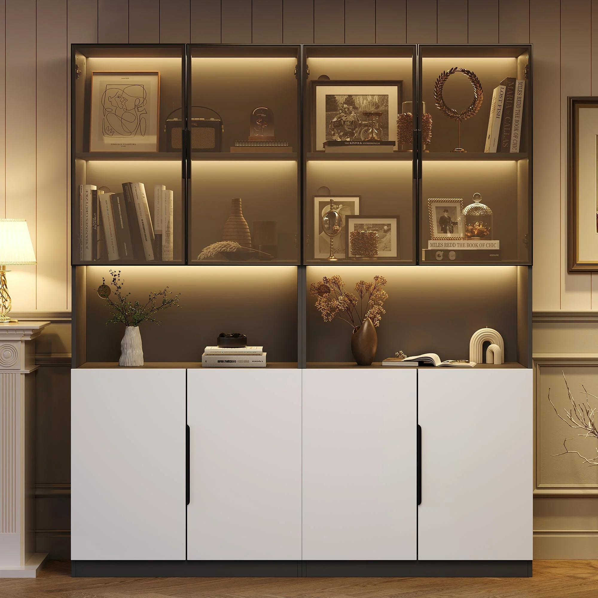Display Cabinet Modern Minimalist Glass Doors LED Lights Adjustable - White/Black
