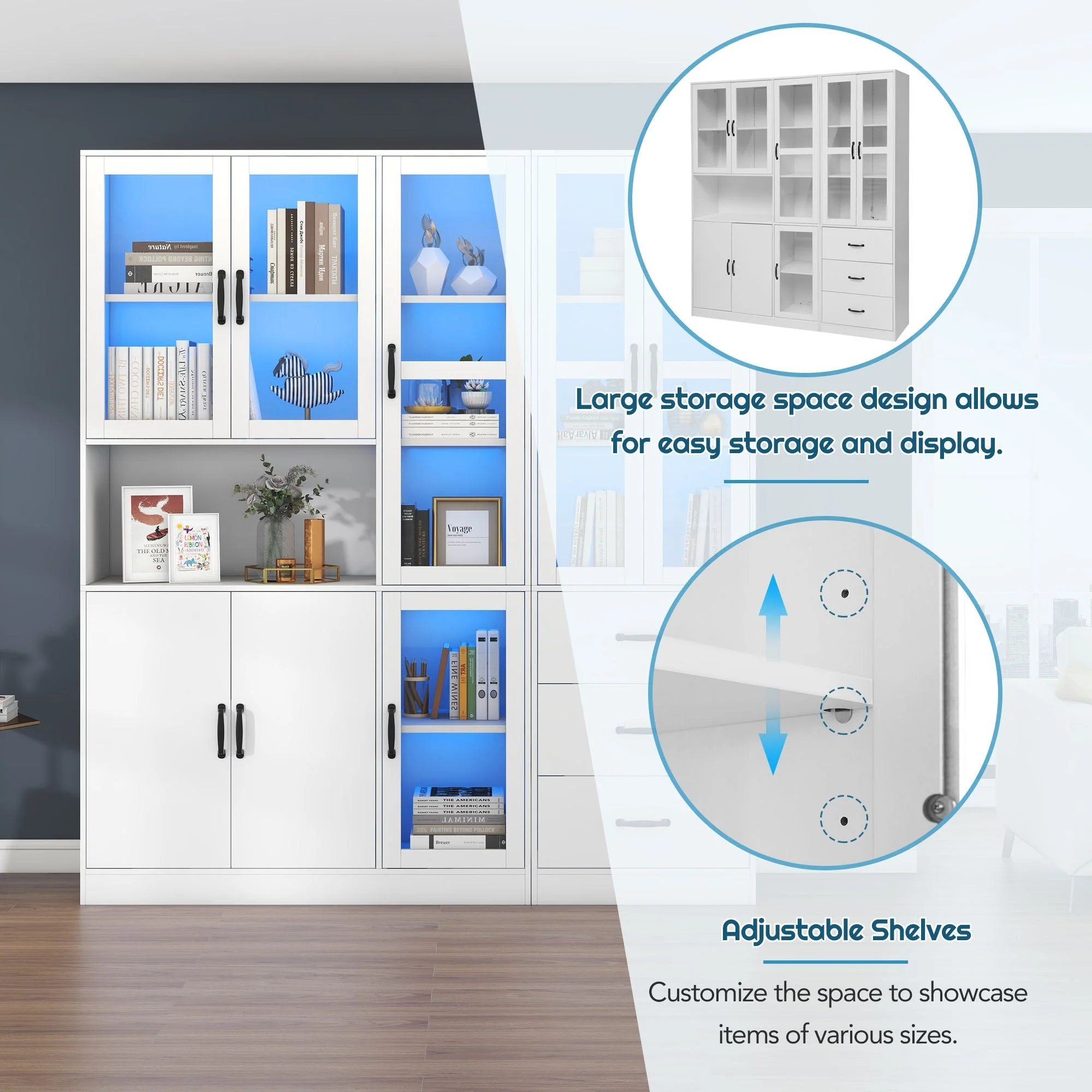 Display Cabinet Set, Modern Combination with LED Lighting, 8 Doors, 3 Drawers, White - Image 10