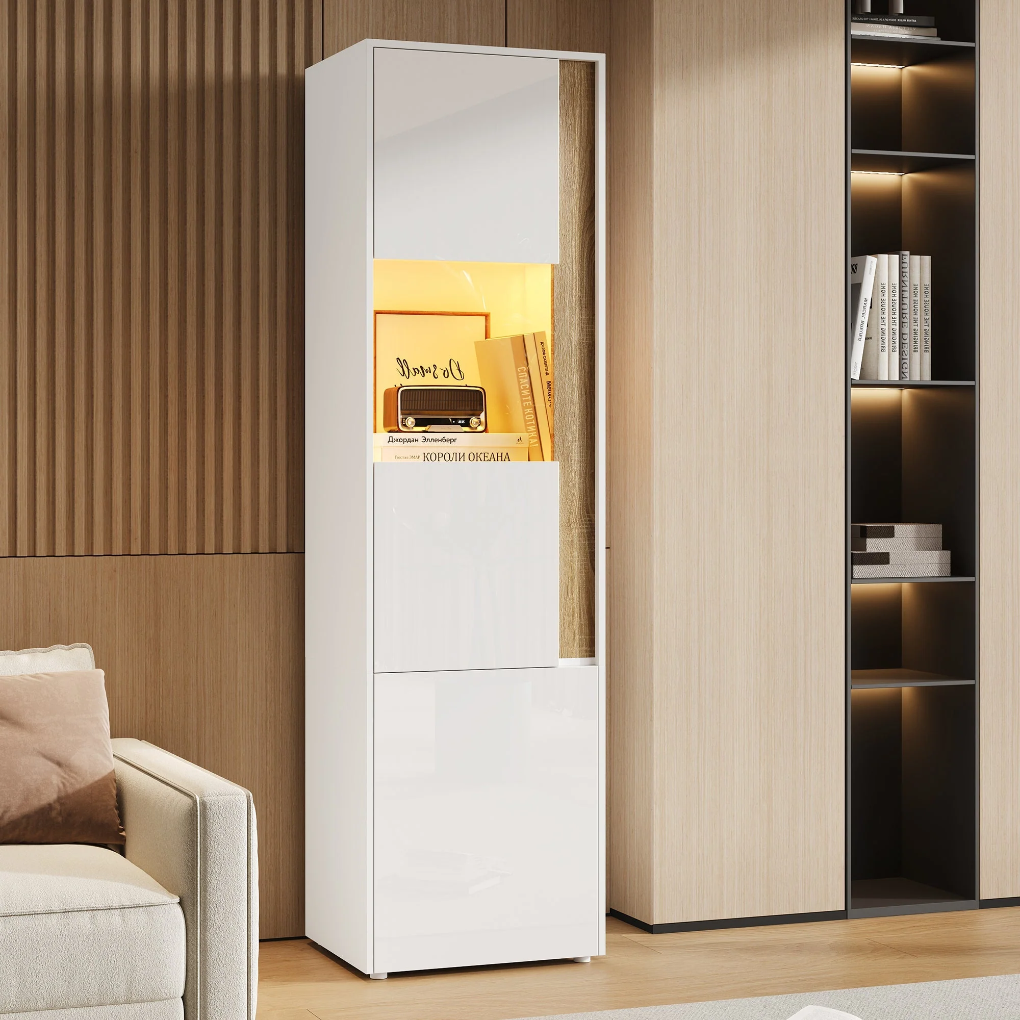 Display Cabinet Tall Storage Unit with LED Lighting 2 Doors White/Natural - Image 3