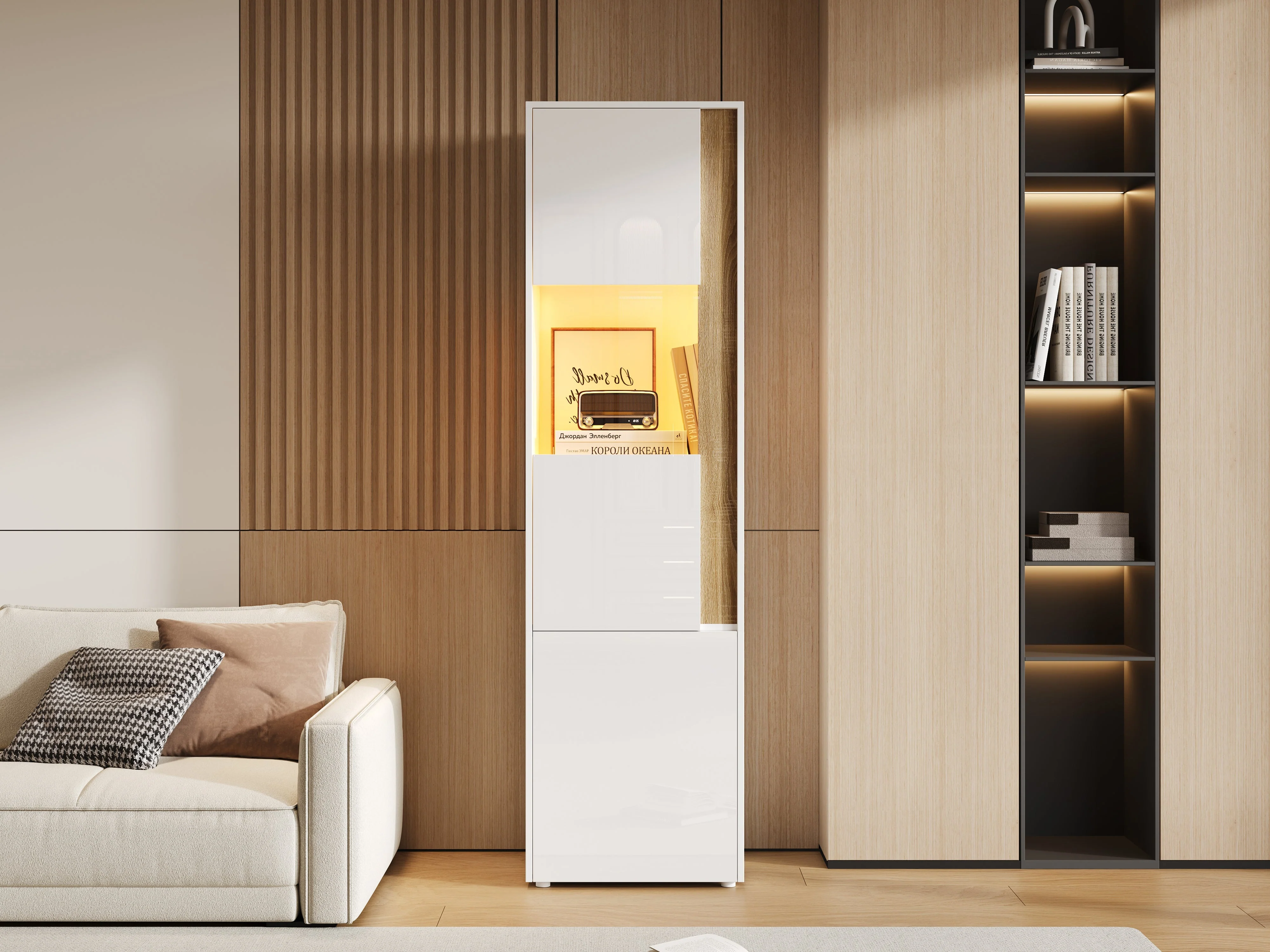 Display Cabinet Tall Storage Unit with LED Lighting 2 Doors White/Natural - Image 5