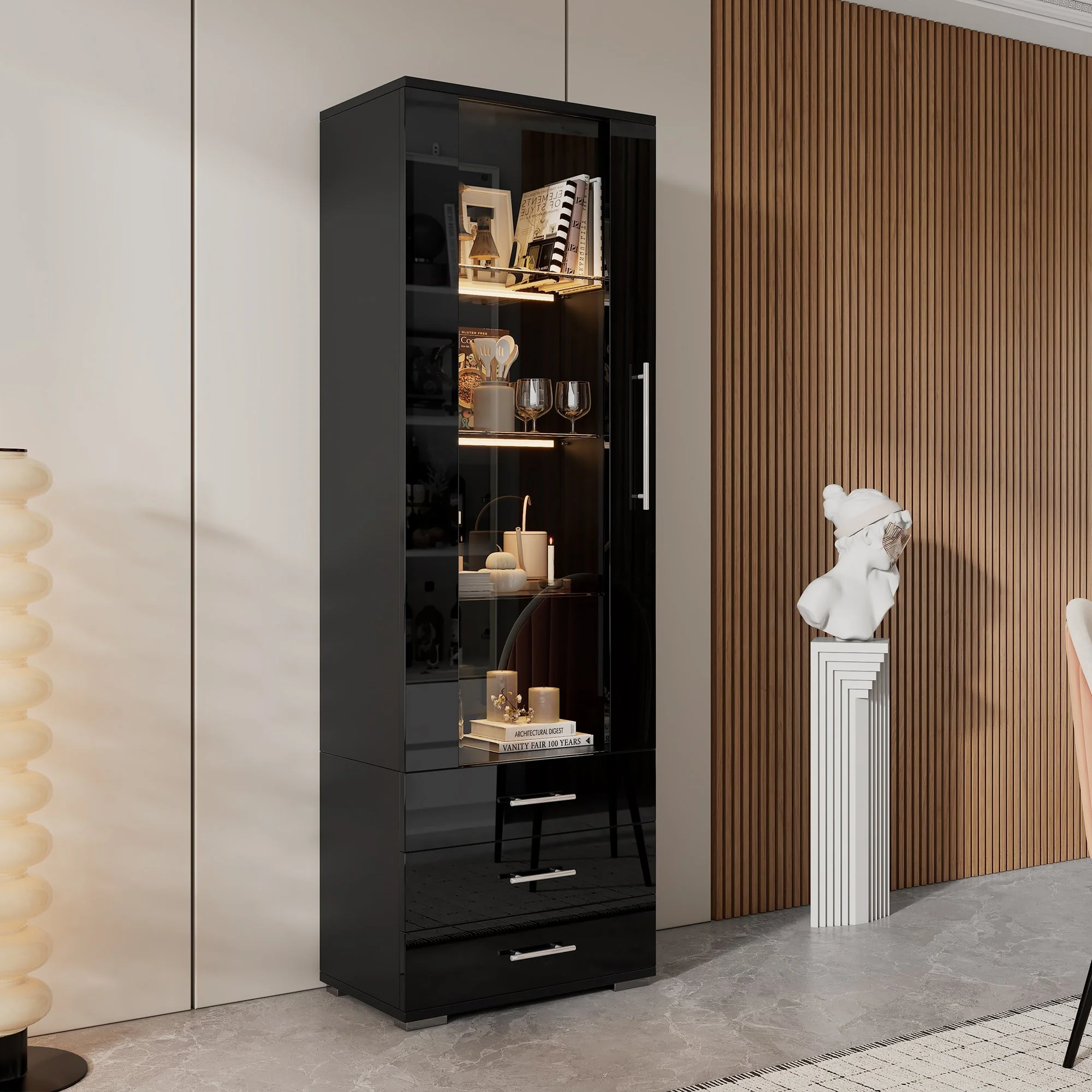 Display Cabinet, Vertical Freestanding LED 3 Drawers 60x35x180cm, Black High-Gloss Glass - Image 2