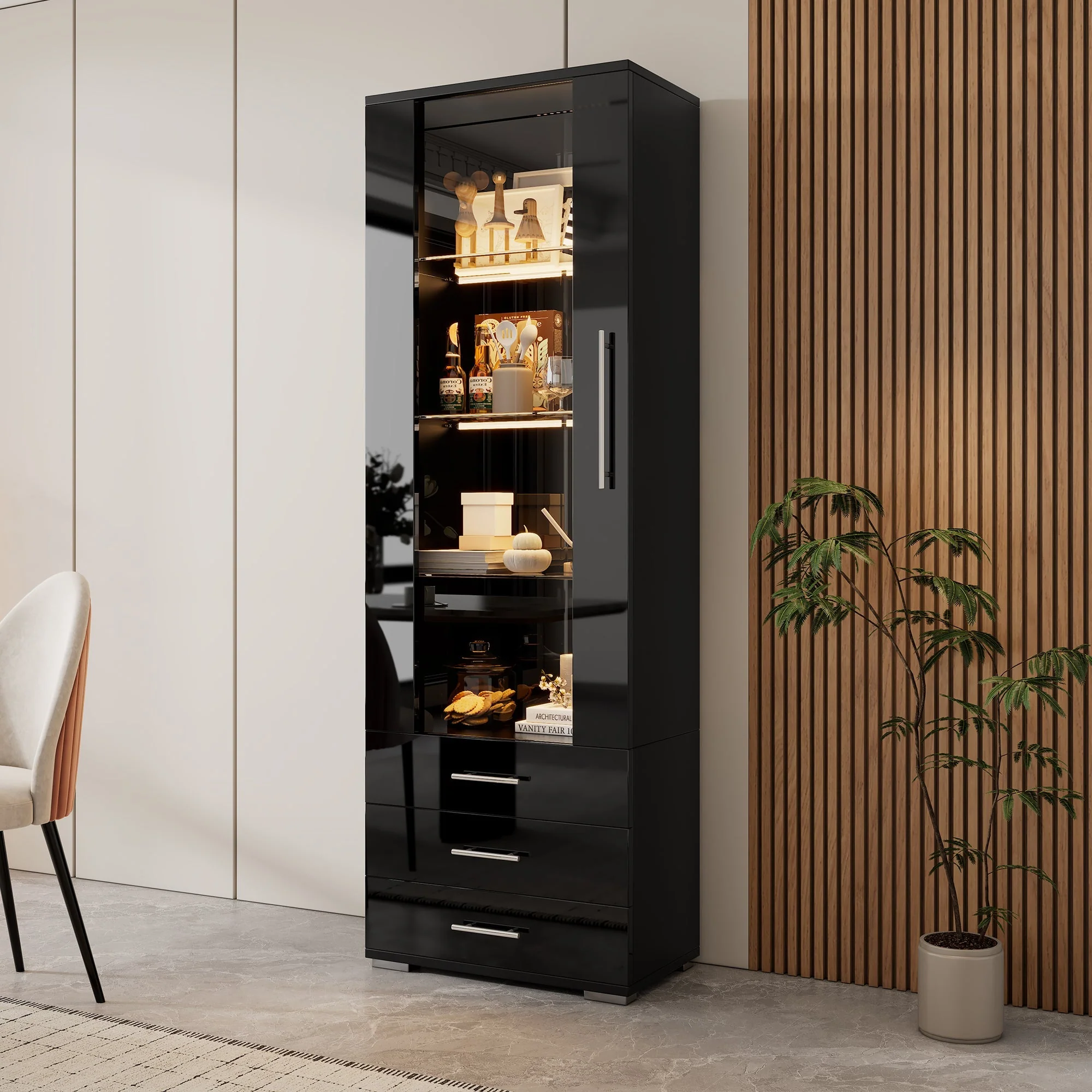 Display Cabinet, Vertical Freestanding LED 3 Drawers 60x35x180cm, Black High-Gloss Glass - Image 3