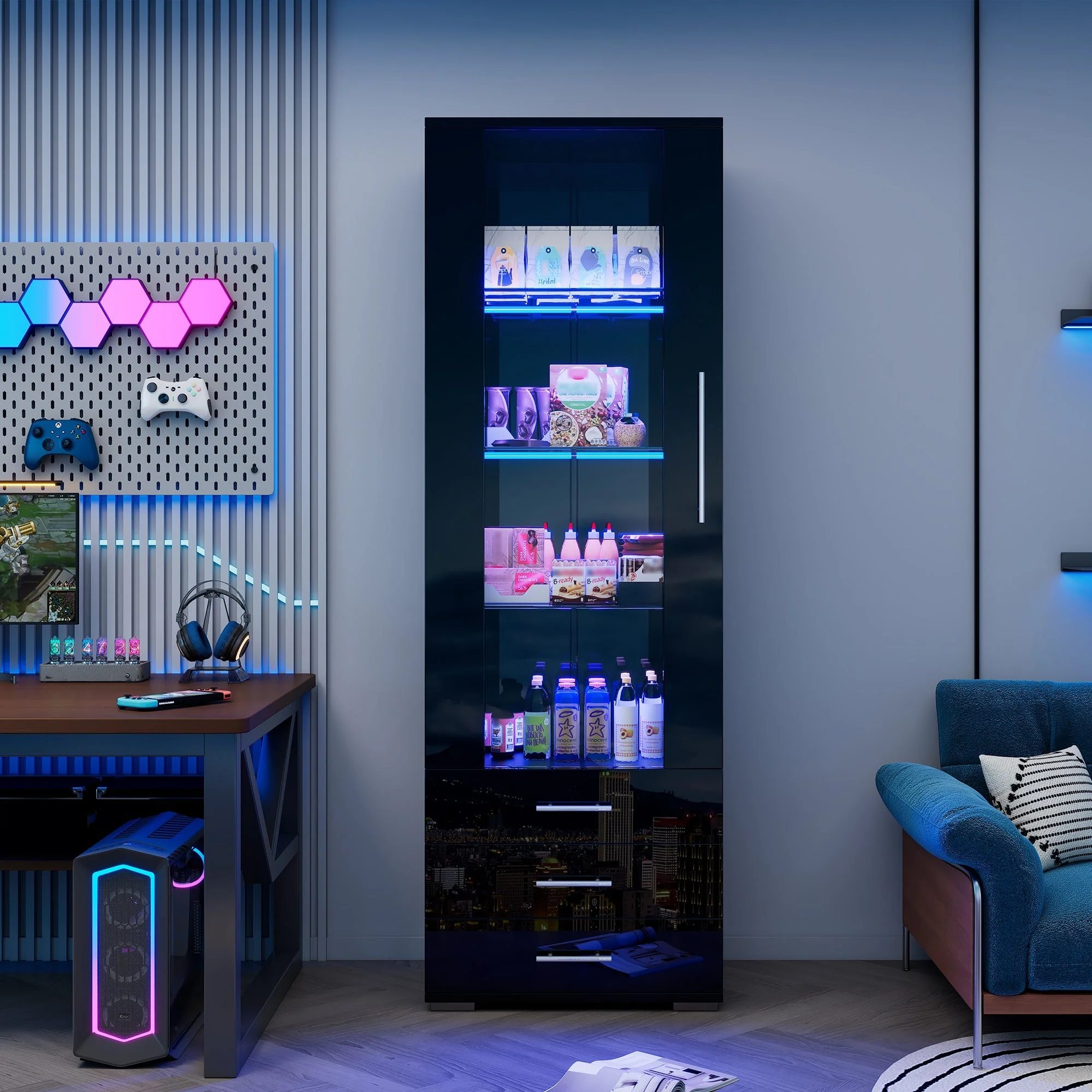 Display Cabinet, Vertical Freestanding LED 3 Drawers 60x35x180cm, Black High-Gloss Glass - Image 4