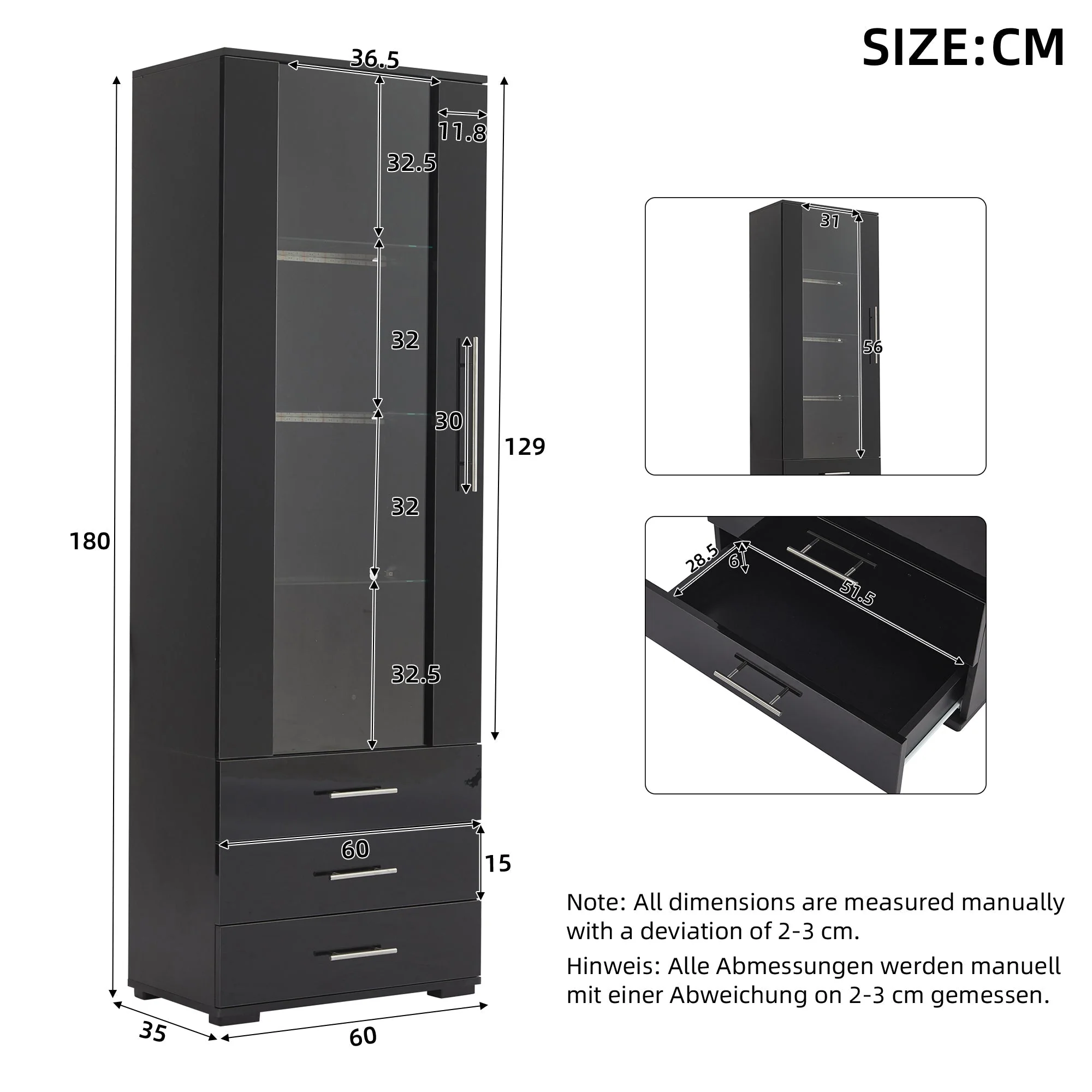 Display Cabinet, Vertical Freestanding LED 3 Drawers 60x35x180cm, Black High-Gloss Glass - Image 5