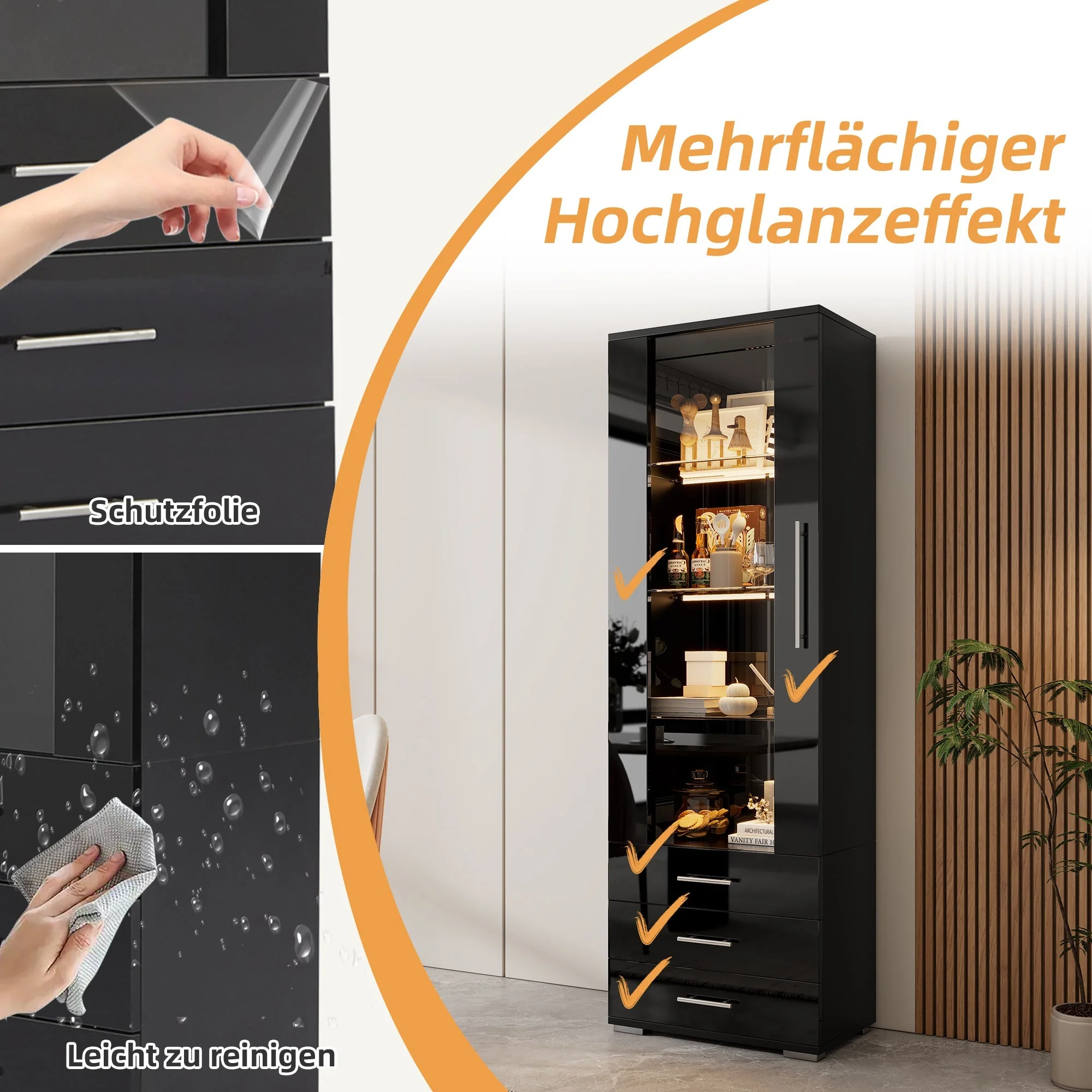 Display Cabinet, Vertical Freestanding LED 3 Drawers 60x35x180cm, Black High-Gloss Glass - Image 7