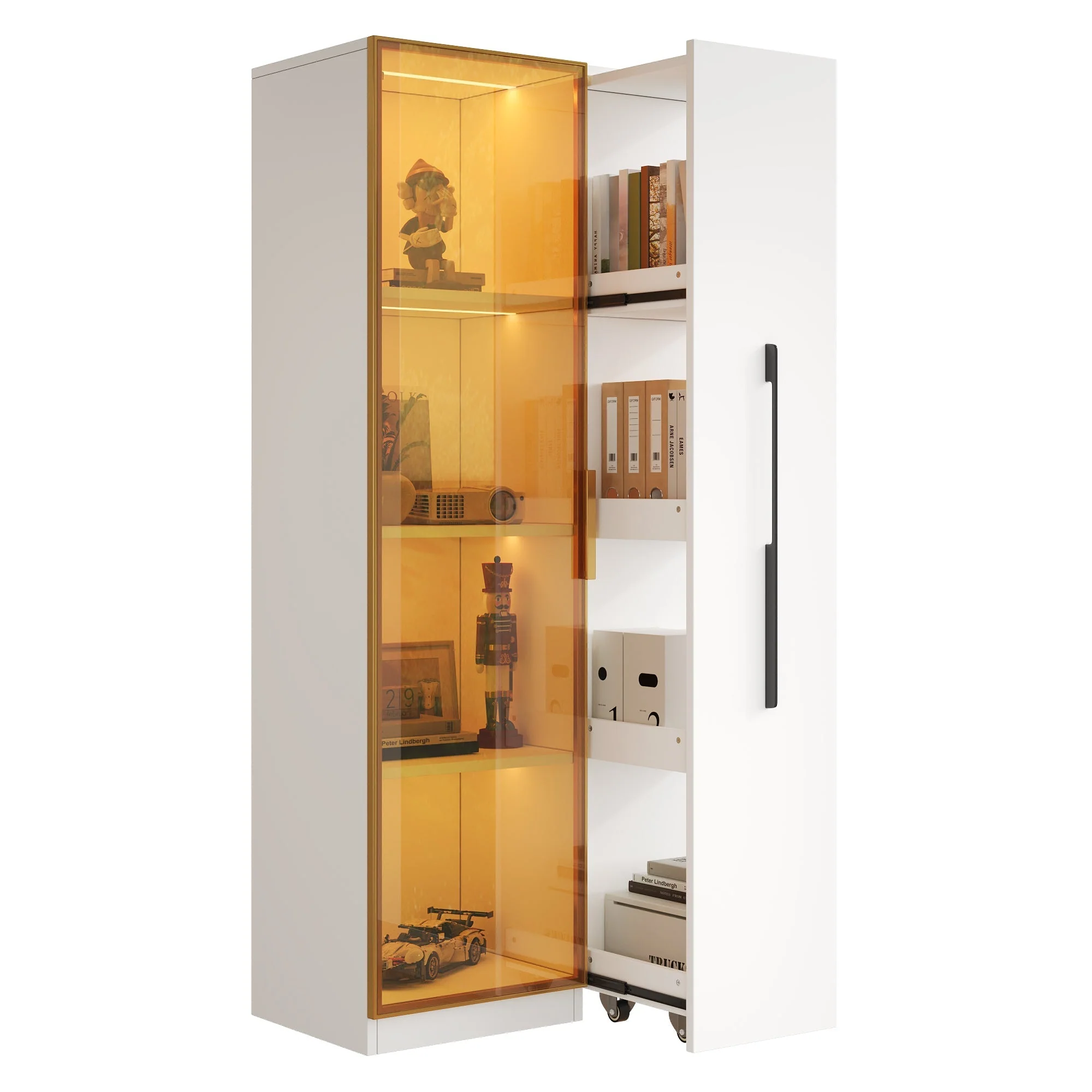 Display Cabinet with Glass Doors, Side Drawers and LED Lighting, White MDF - Image 6
