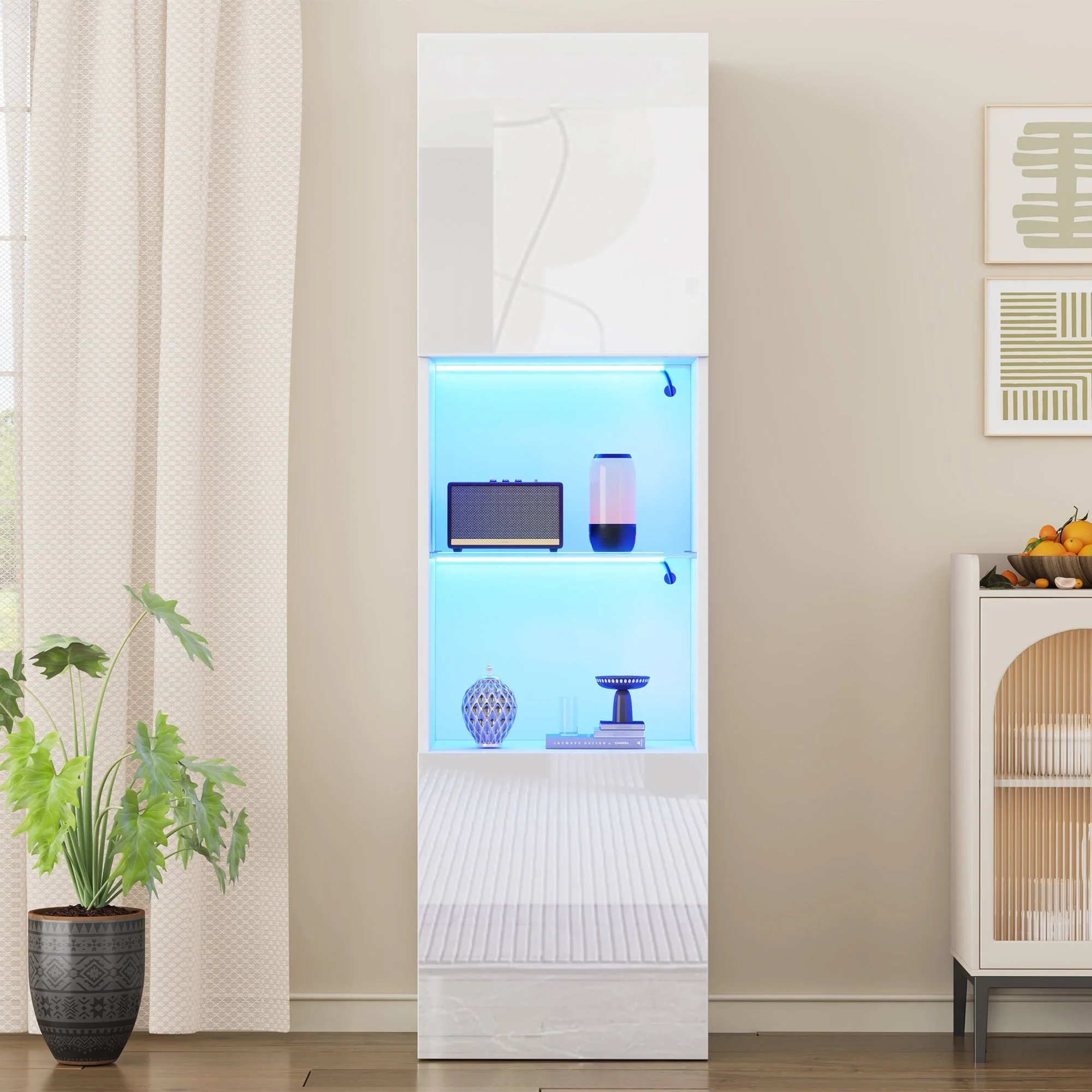 Display Cabinet with LED Lighting, 1 Glass Shelf, 45x35x160 cm, High-Gloss White - Image 7