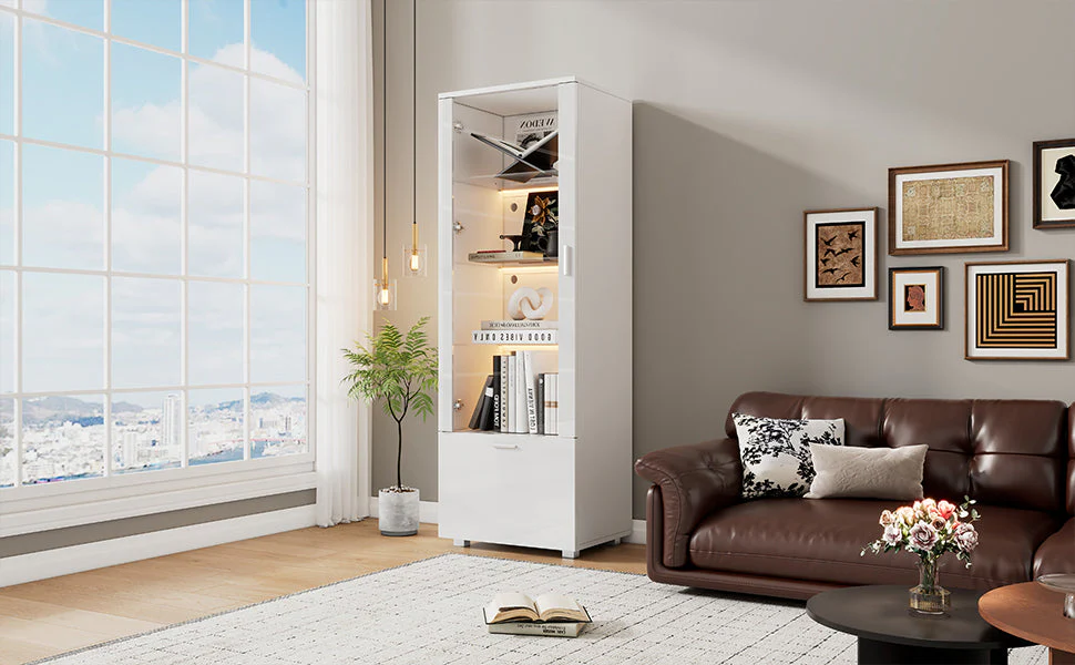 Display Cabinet with LED Lighting and Acrylic Doors, White High Gloss - Image 8