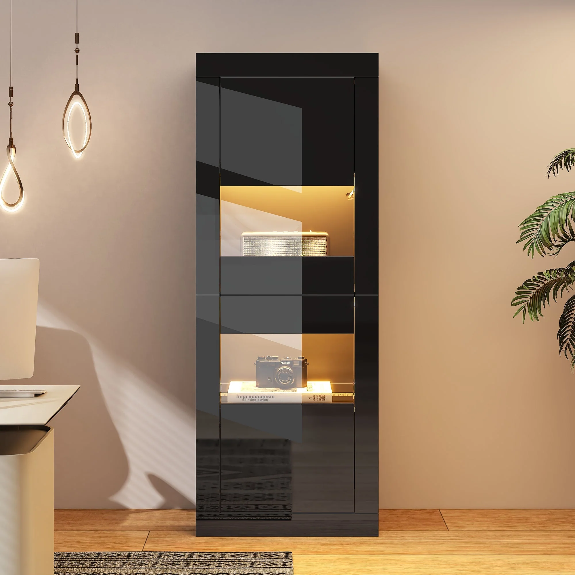 Display Cabinet with LED Lighting and Glass Shelf, High-Gloss Black - Image 4