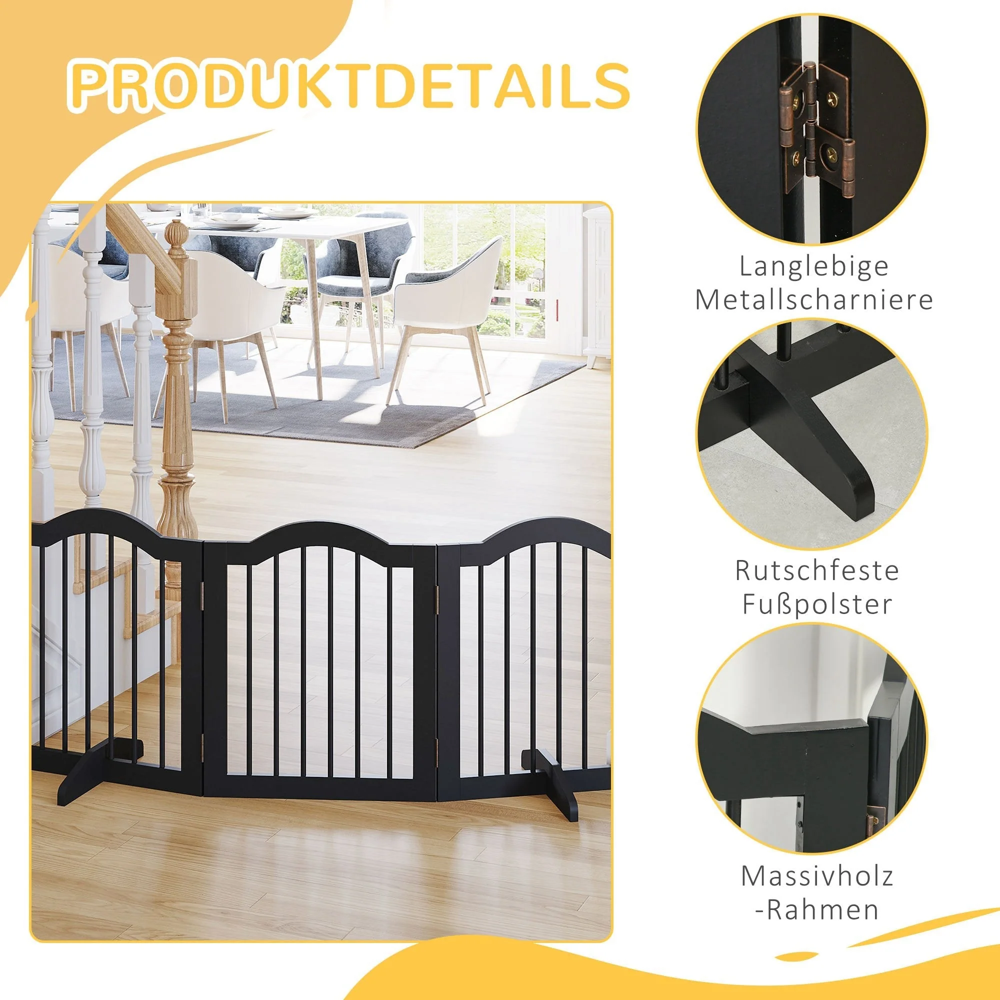 Dog Barrier, 3-Piece Foldable Gate with Support Feet, Black - Image 5
