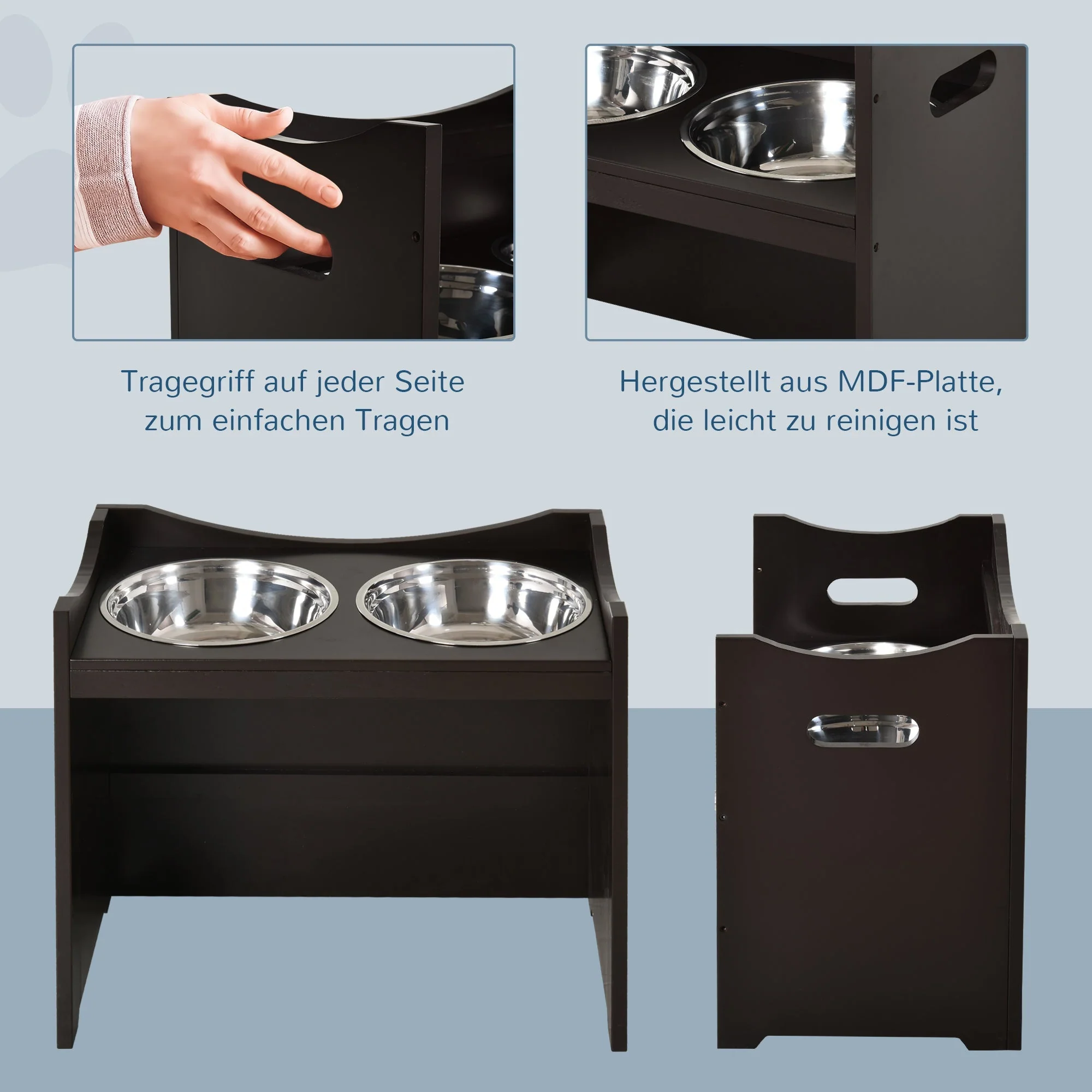Dog Bowl Feeding Station, Height-Adjustable, Stainless Steel, Dark Brown MDF - Image 5