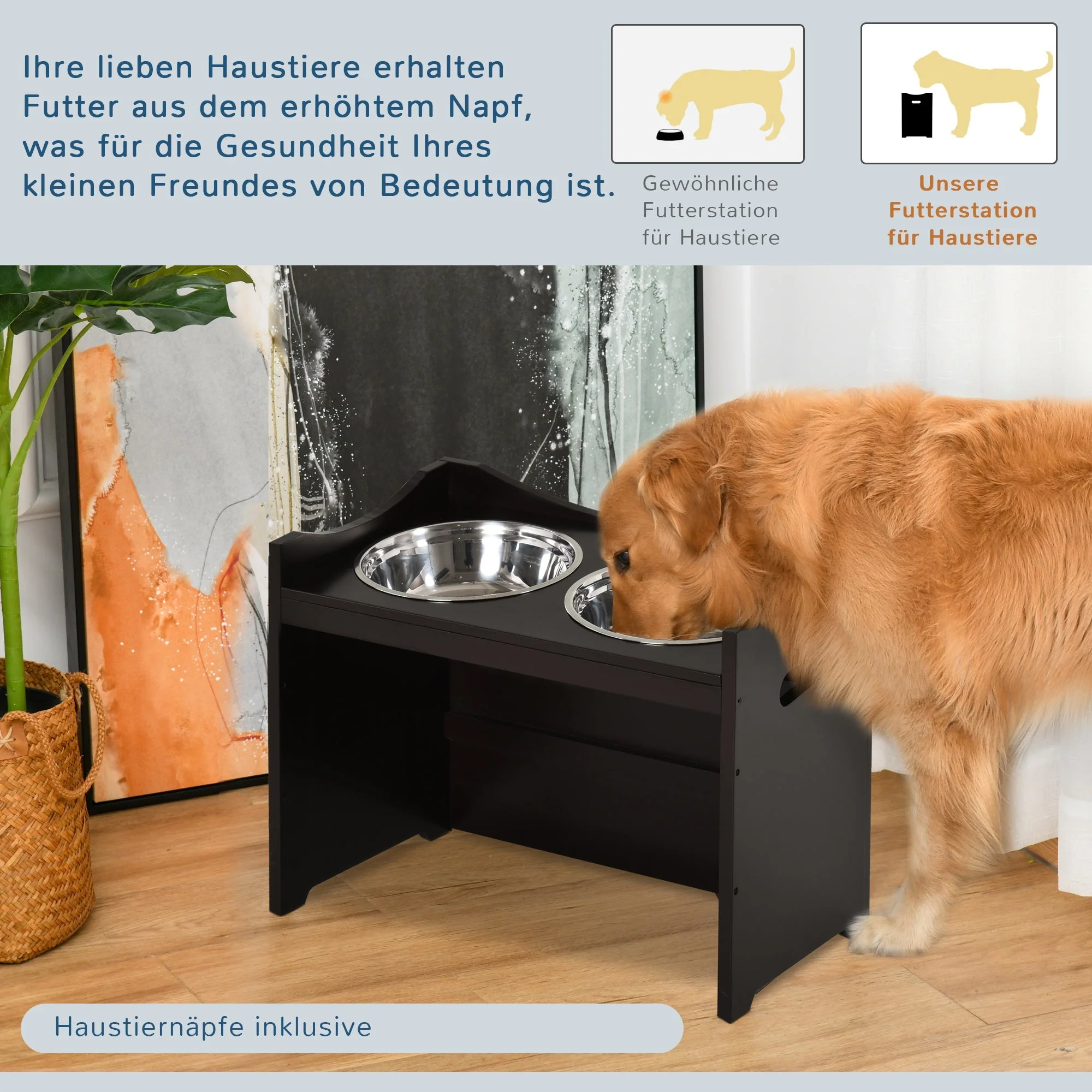 Dog Bowl Feeding Station, Height-Adjustable, Stainless Steel, Dark Brown MDF - Image 6