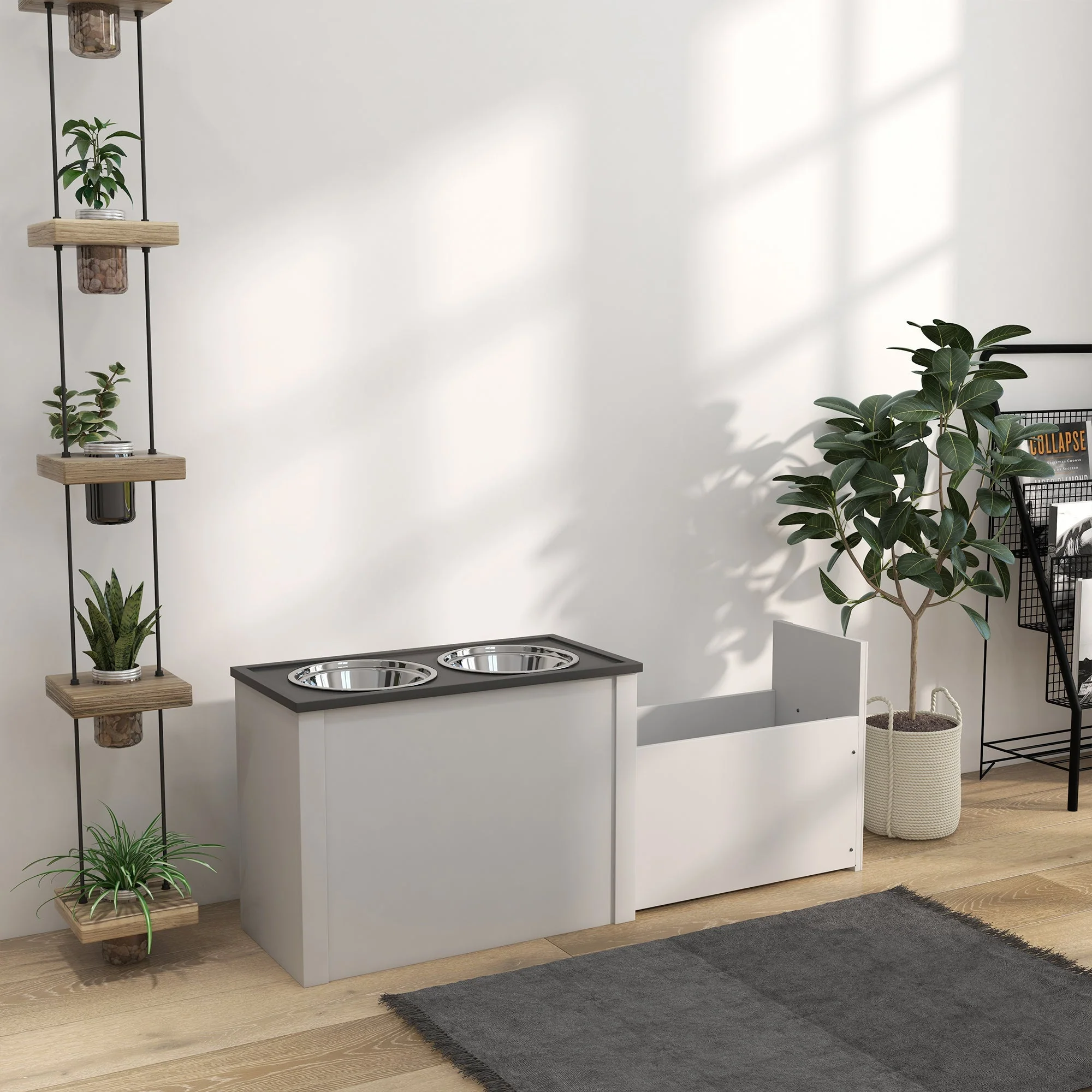 Dog Bowl, Feeding Station with Storage, 2L Stainless Steel Bowls, White - Image 8
