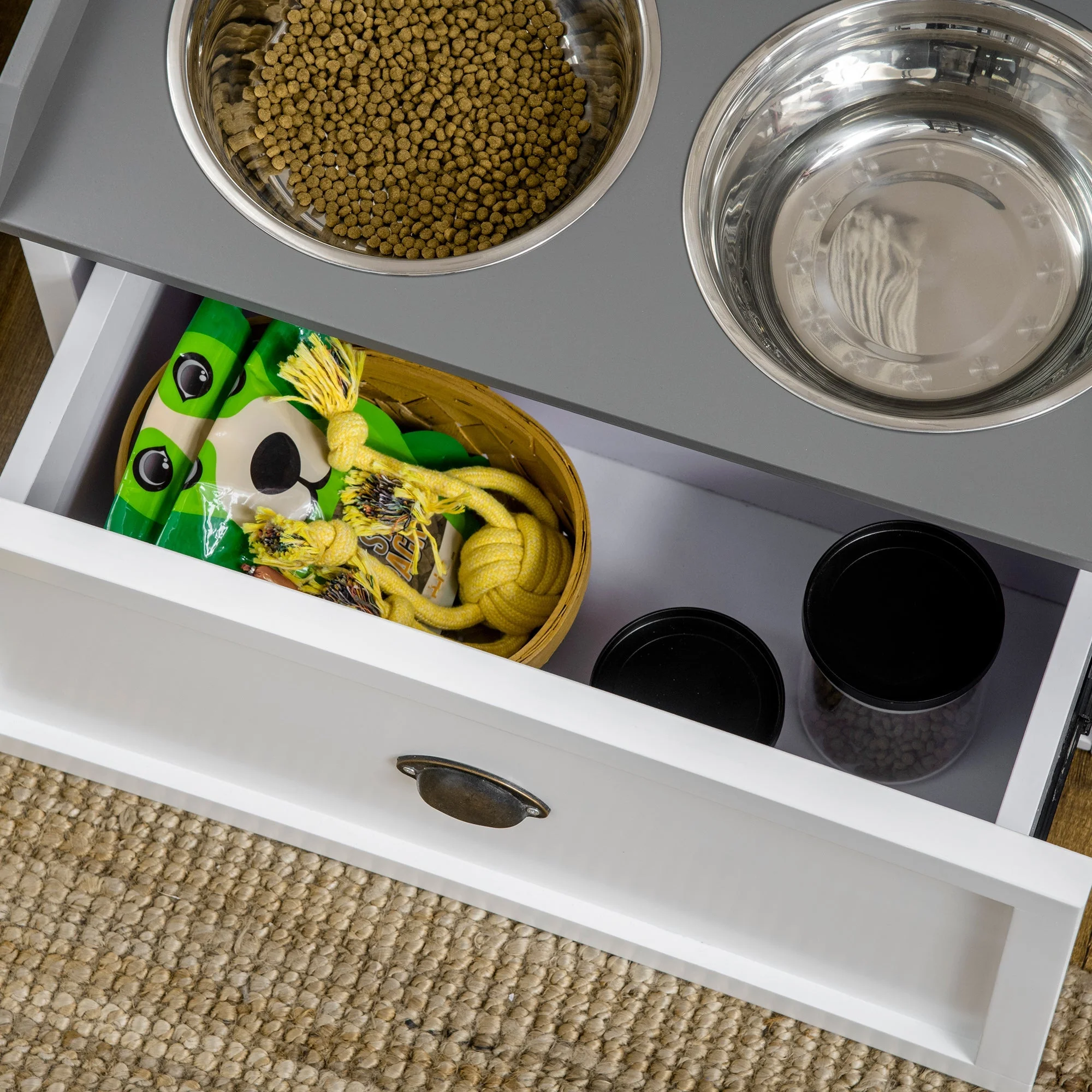 Dog Bowl with Drawer 2x2L Raised Stainless Steel Feeding Station, White - Image 8