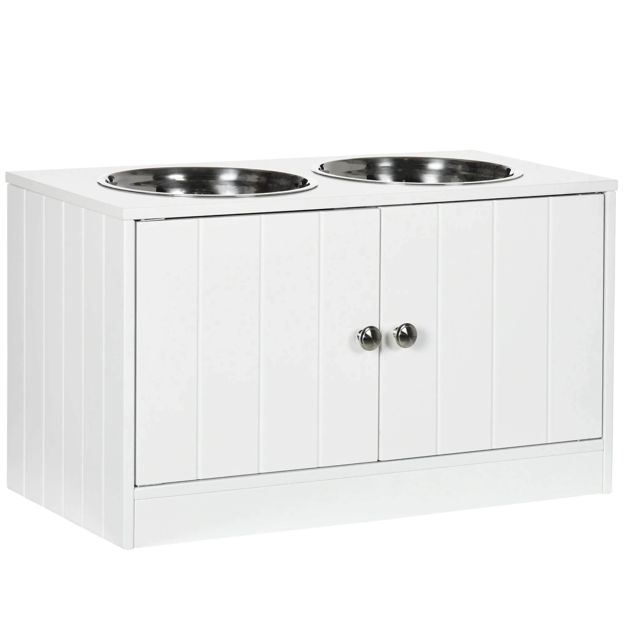Dog Bowls, Elevated Feeding Station, 2 Stainless Steel Bowls, White - Image 2