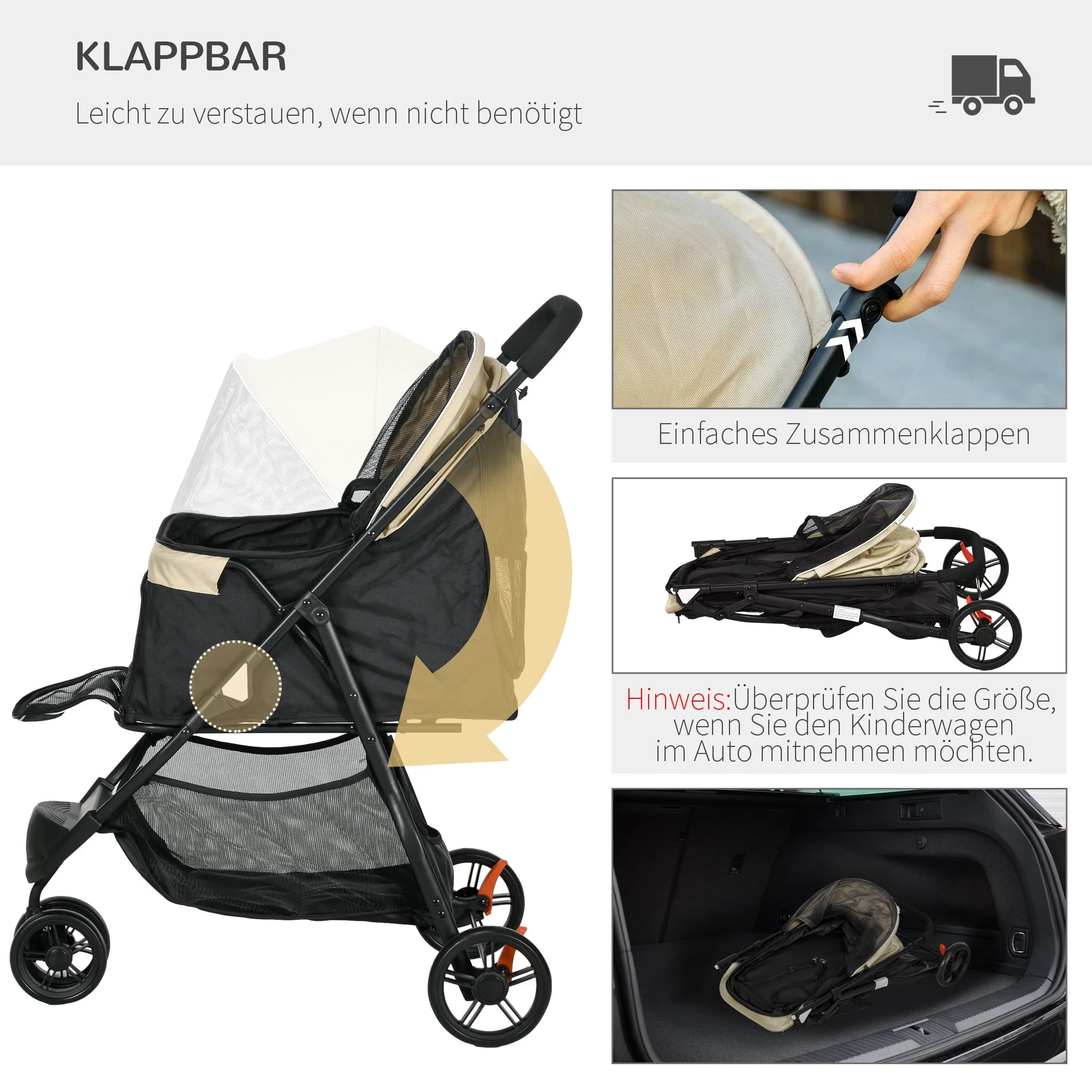 Dog Buggy 2 in 1, Foldable with Rain Cover, Khaki - Image 5