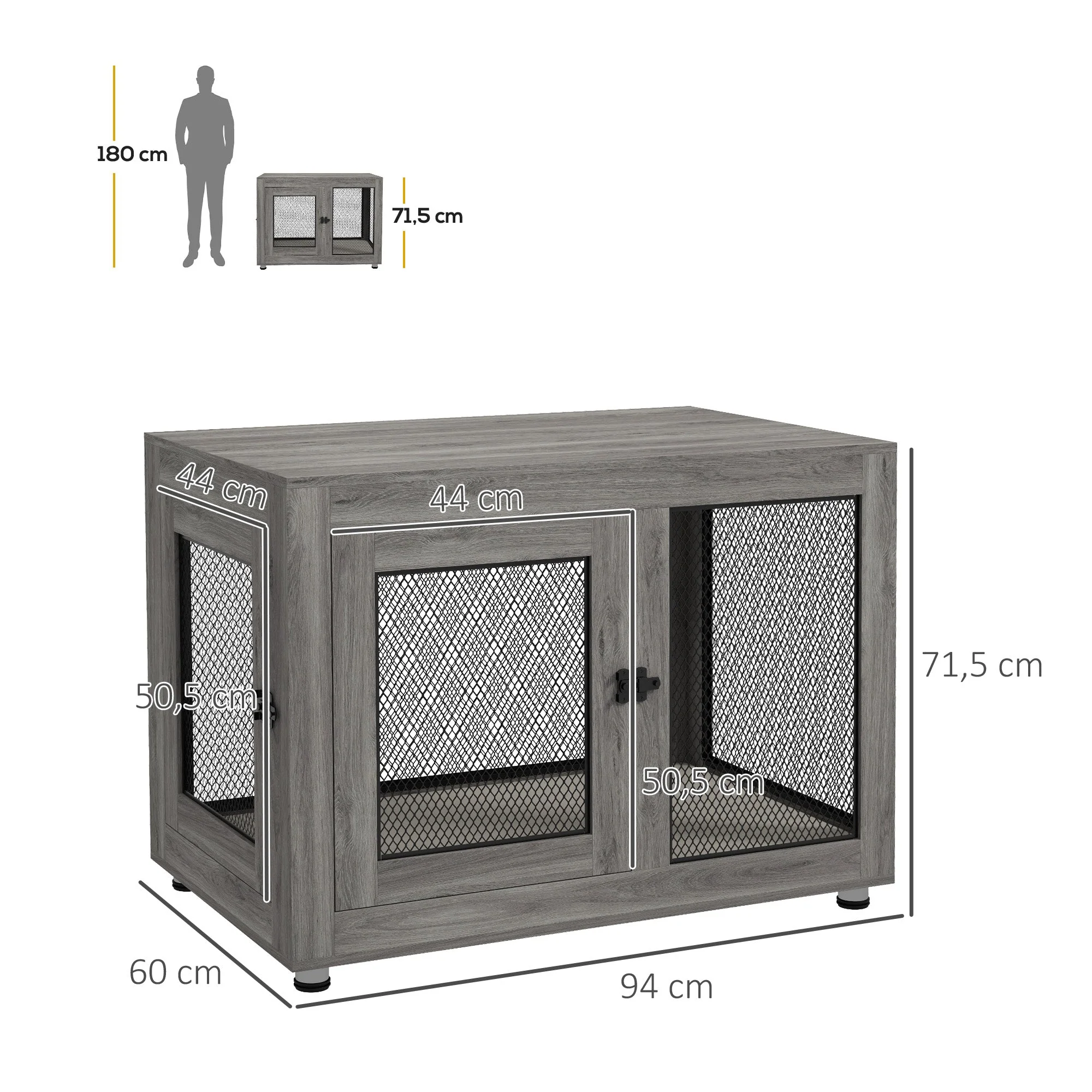 Dog Cage, 2 Doors, Washable Cushion, Adjustable Feet, Grey - Image 3