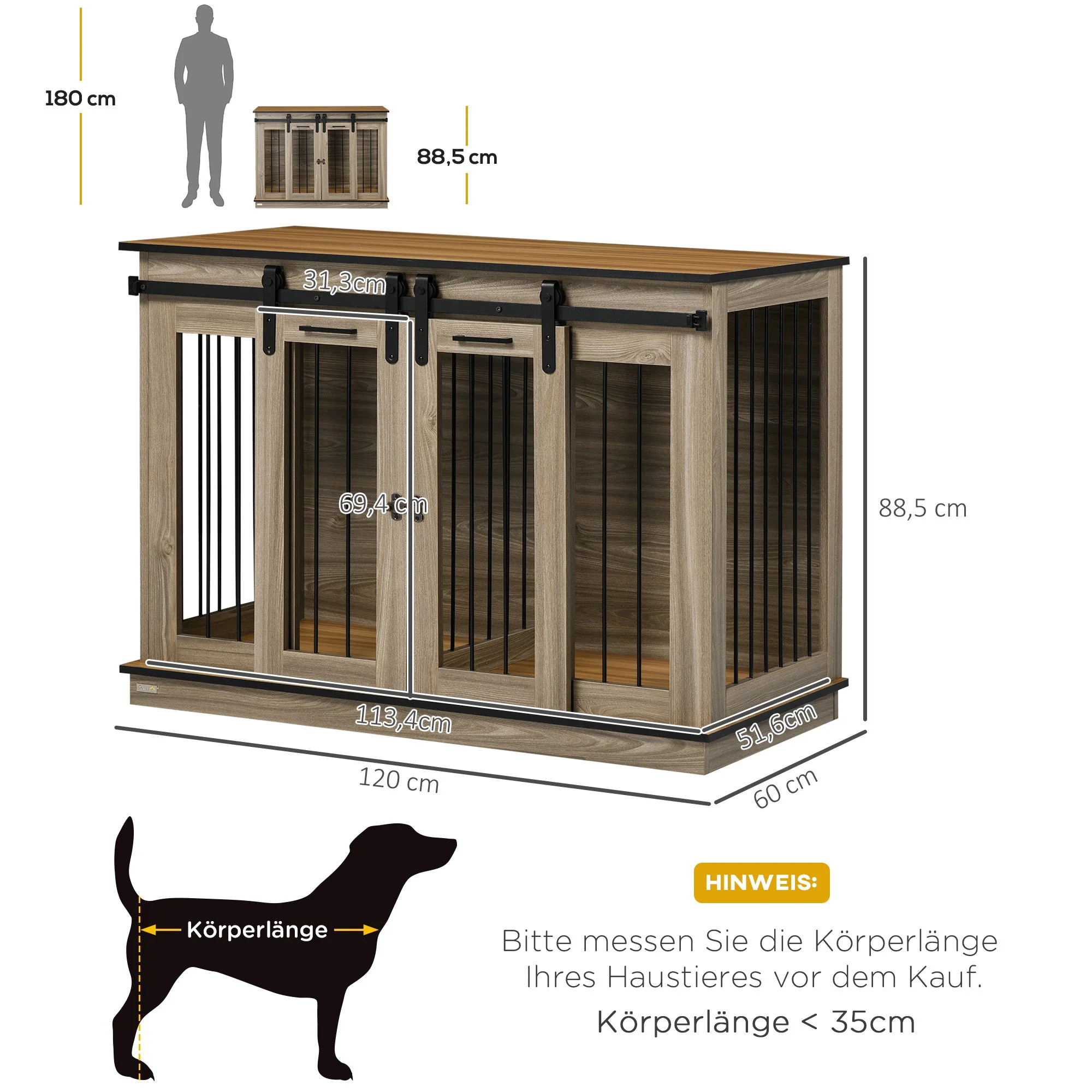 Dog Cage Apartment, 120L x 60W x 88.5H cm, 2 Doors, Oak - Image 3