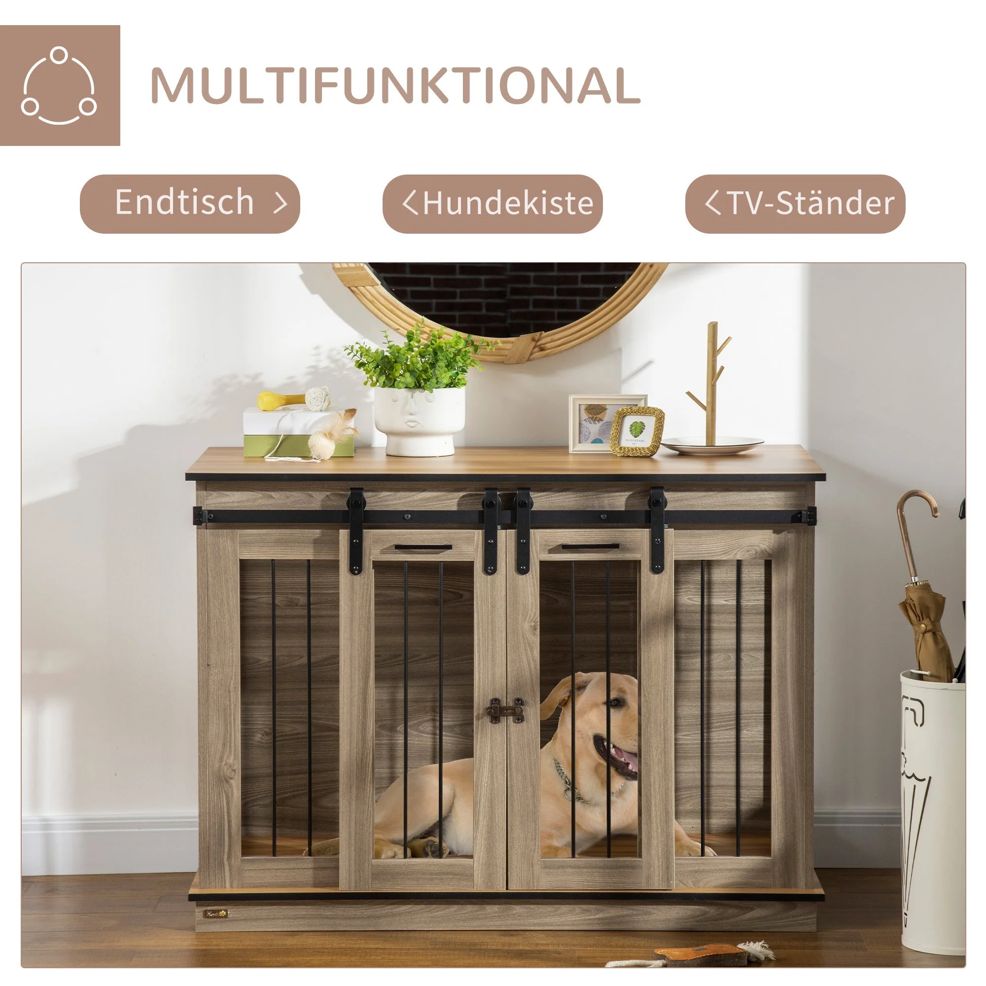 Dog Cage Apartment, 120L x 60W x 88.5H cm, 2 Doors, Oak - Image 4