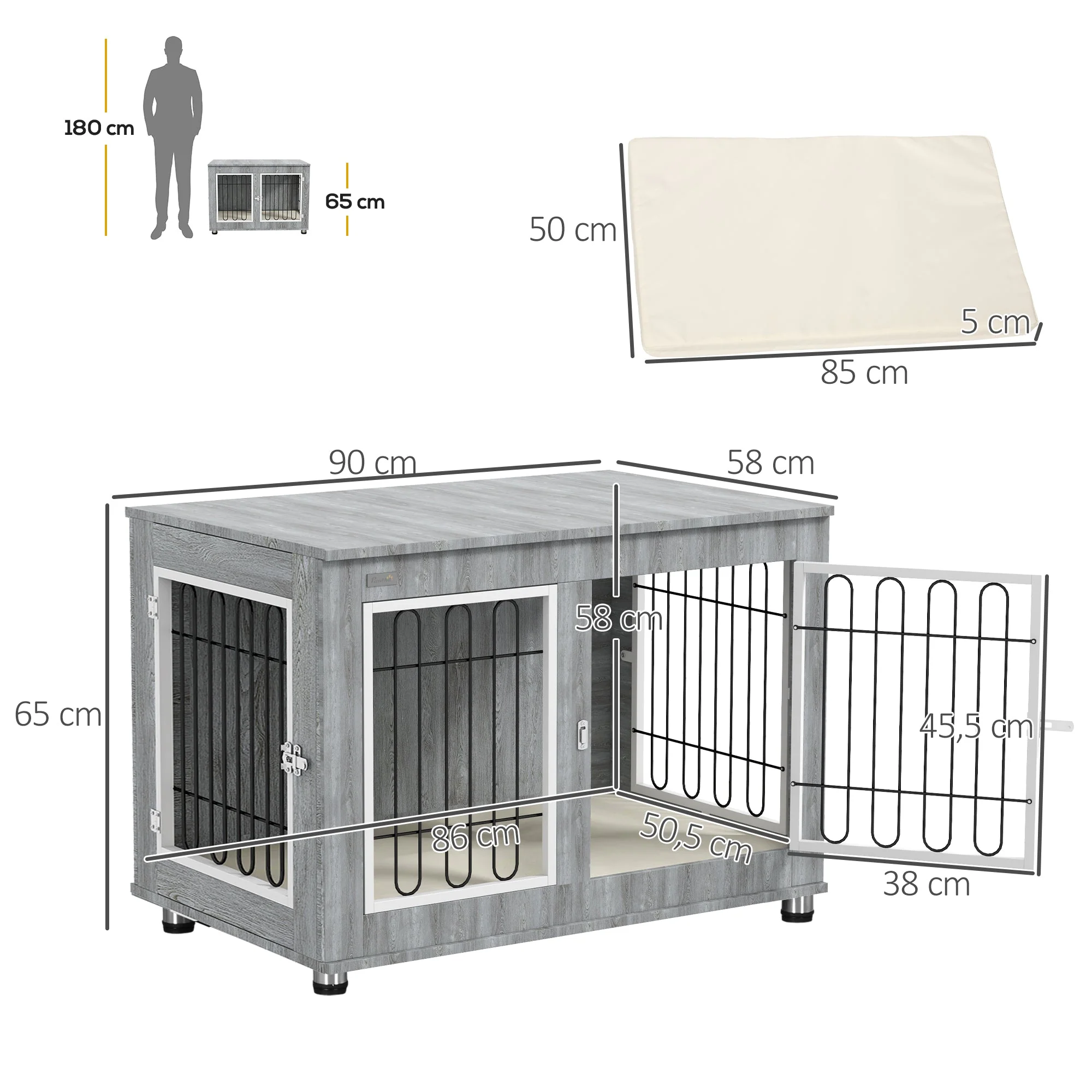 Dog Cage, Pet Crate with Cushion, 2 Locks, Grey - Image 3