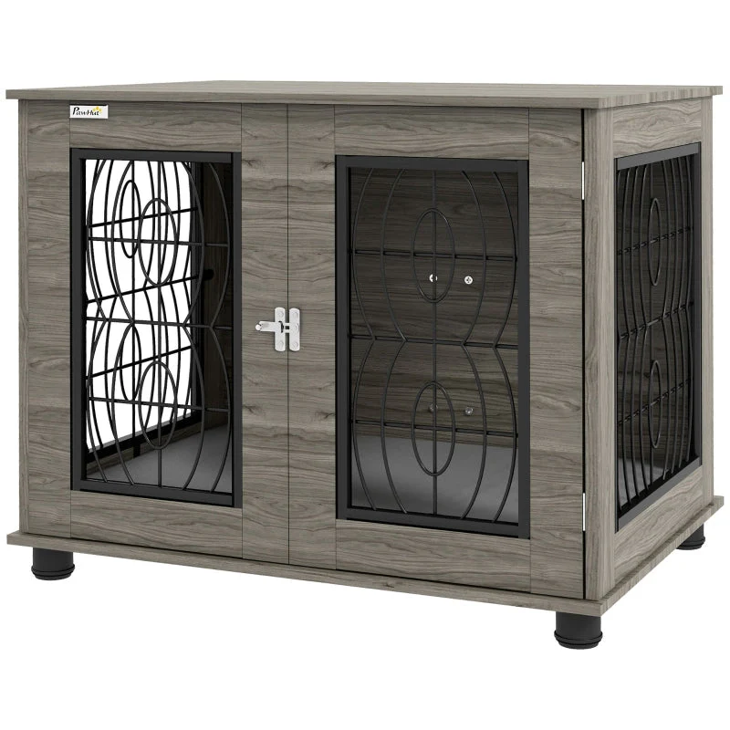 Dog Crate with Cushion, 20 kg/50 cm, Metal, Grey/Wood Decor - Image 2
