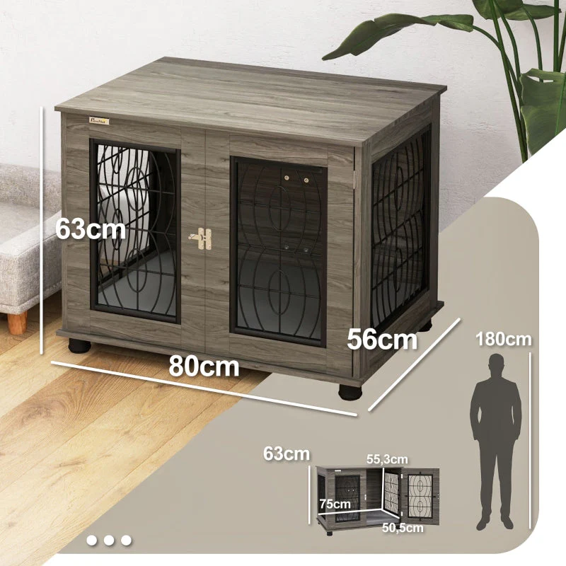 Dog Crate with Cushion, 20 kg/50 cm, Metal, Grey/Wood Decor - Image 3