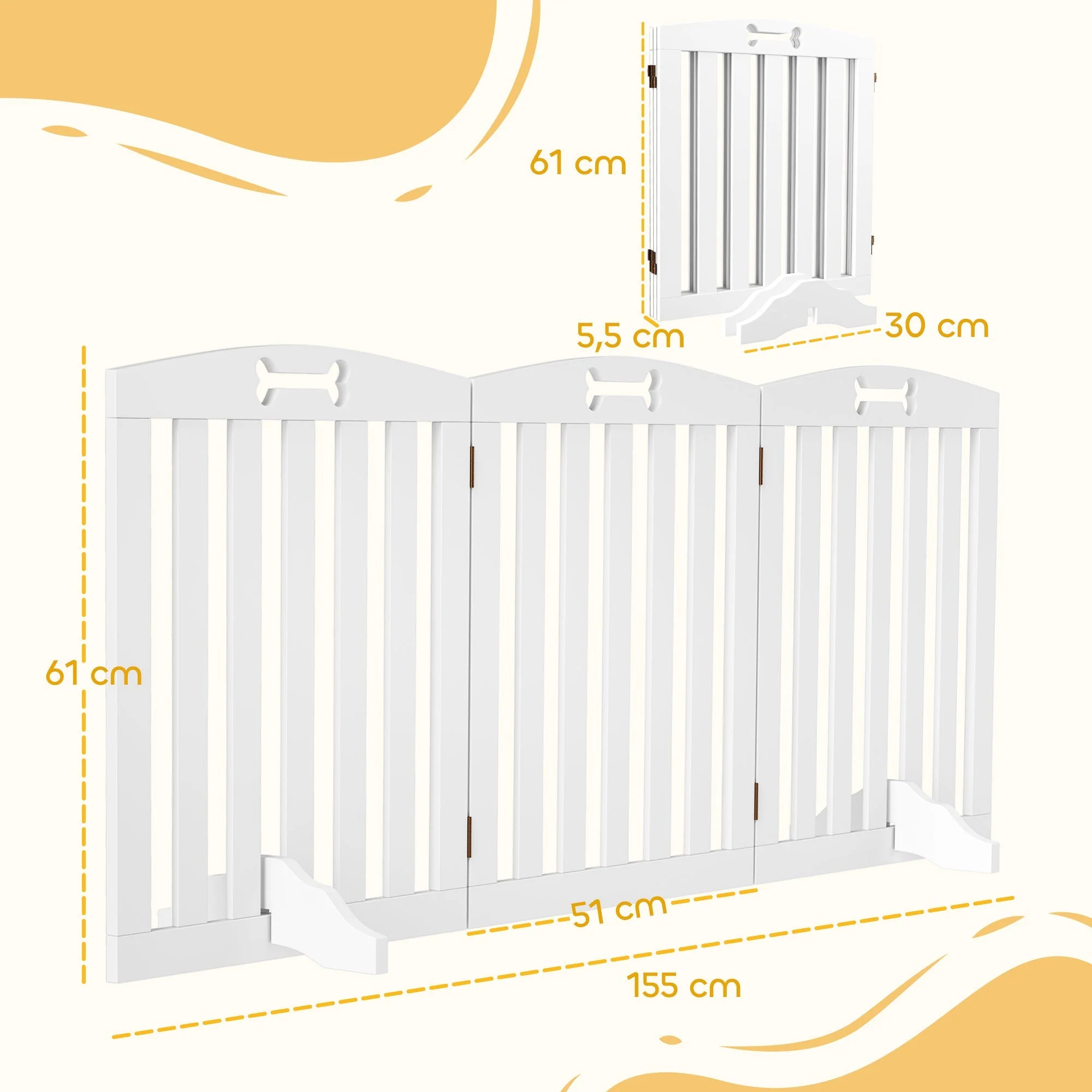 Dog Gate 3-Piece Set Foldable Freestanding 155x61cm, White - Image 3