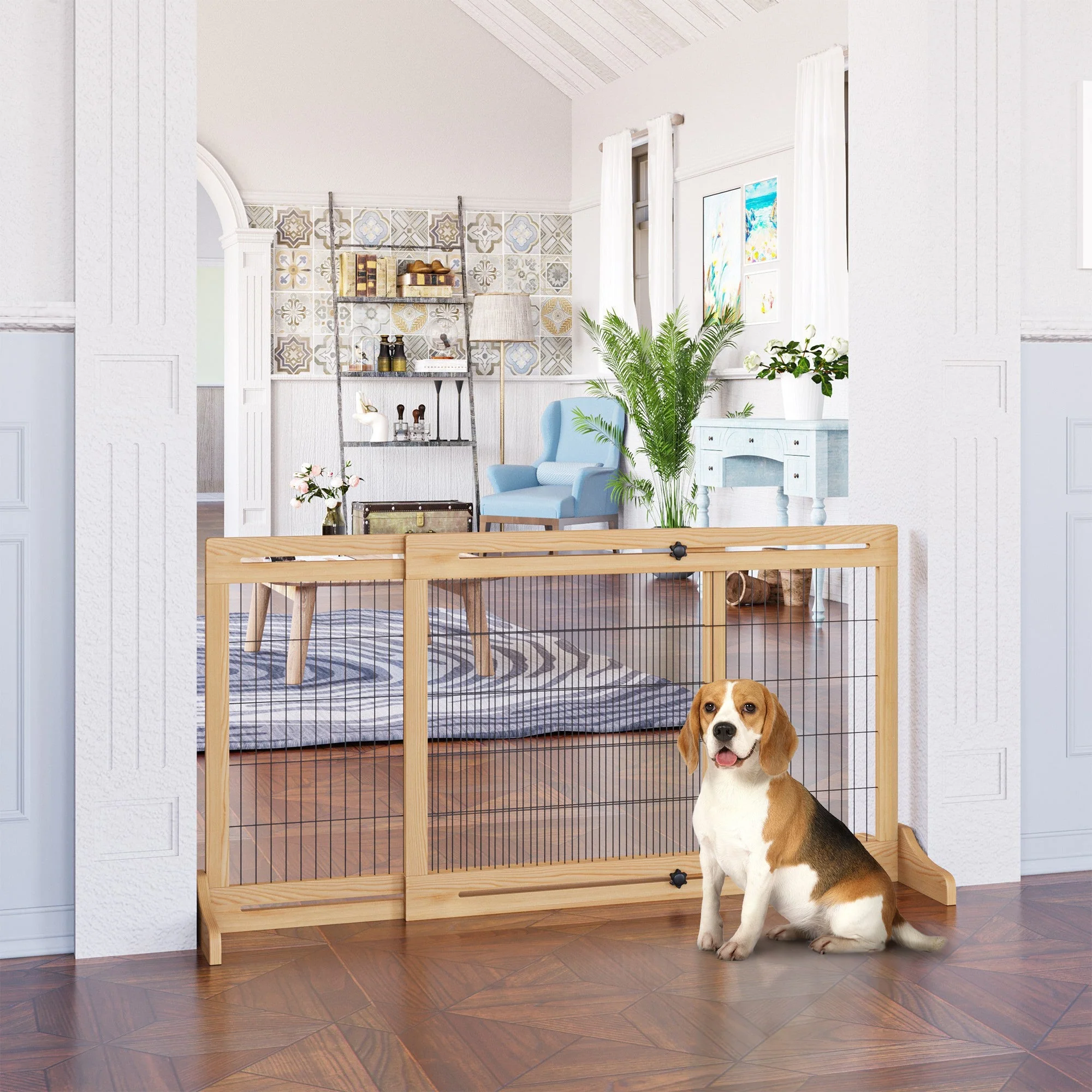 Dog Gate Door, Set of 2 Freestanding Flexible 104-183cm, Pine Wood Natural Color