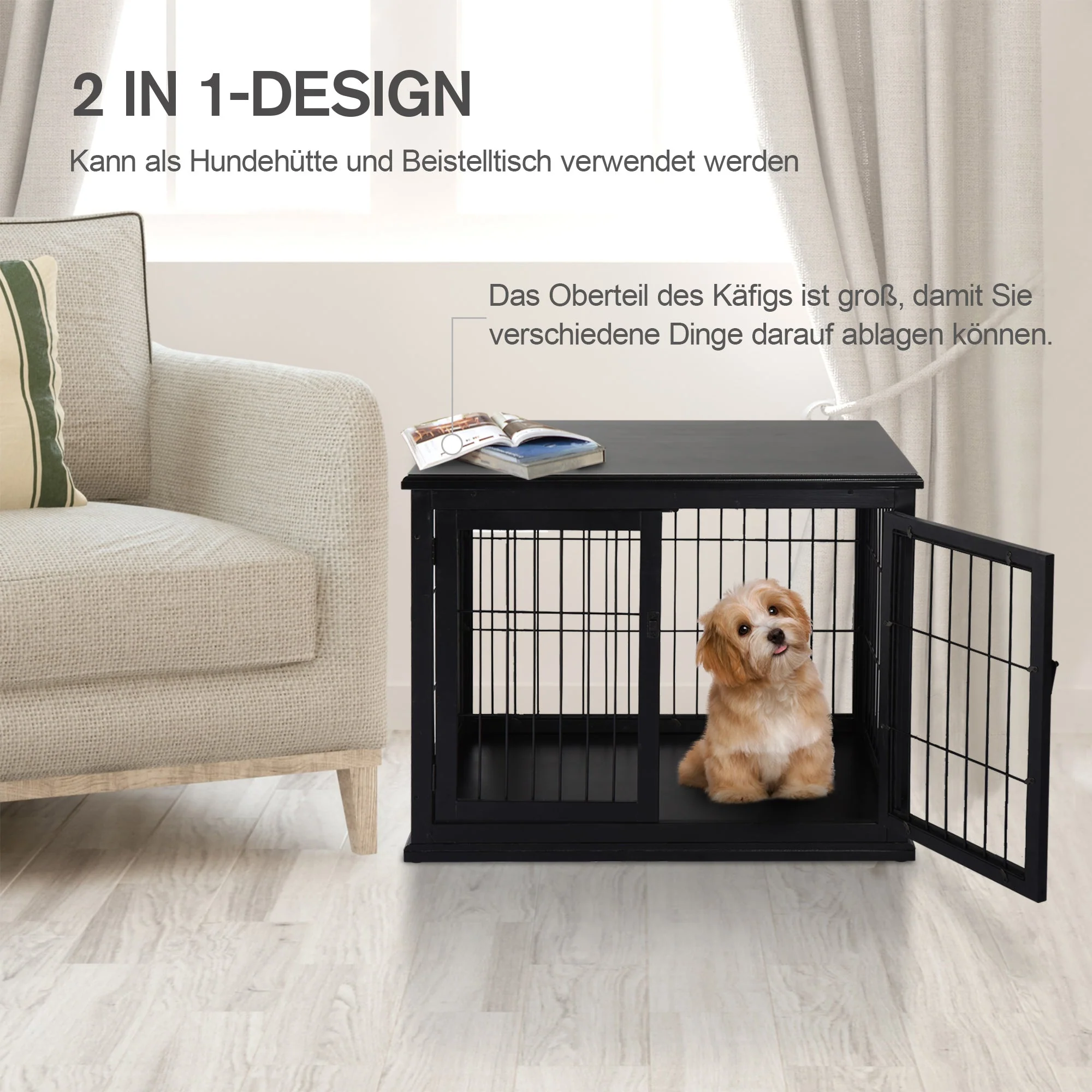 Dog House Table Top Indoor Cage, MDF Metal, Black - Image 5