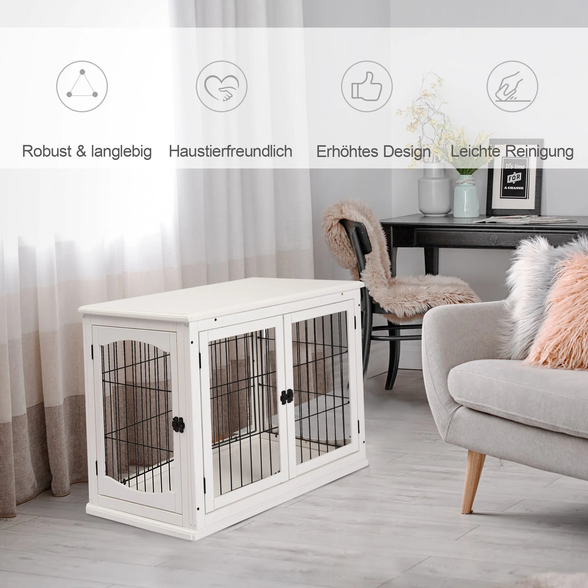Dog House, Transport Box Small Animal Cage, MDF & Metal in White - Image 4