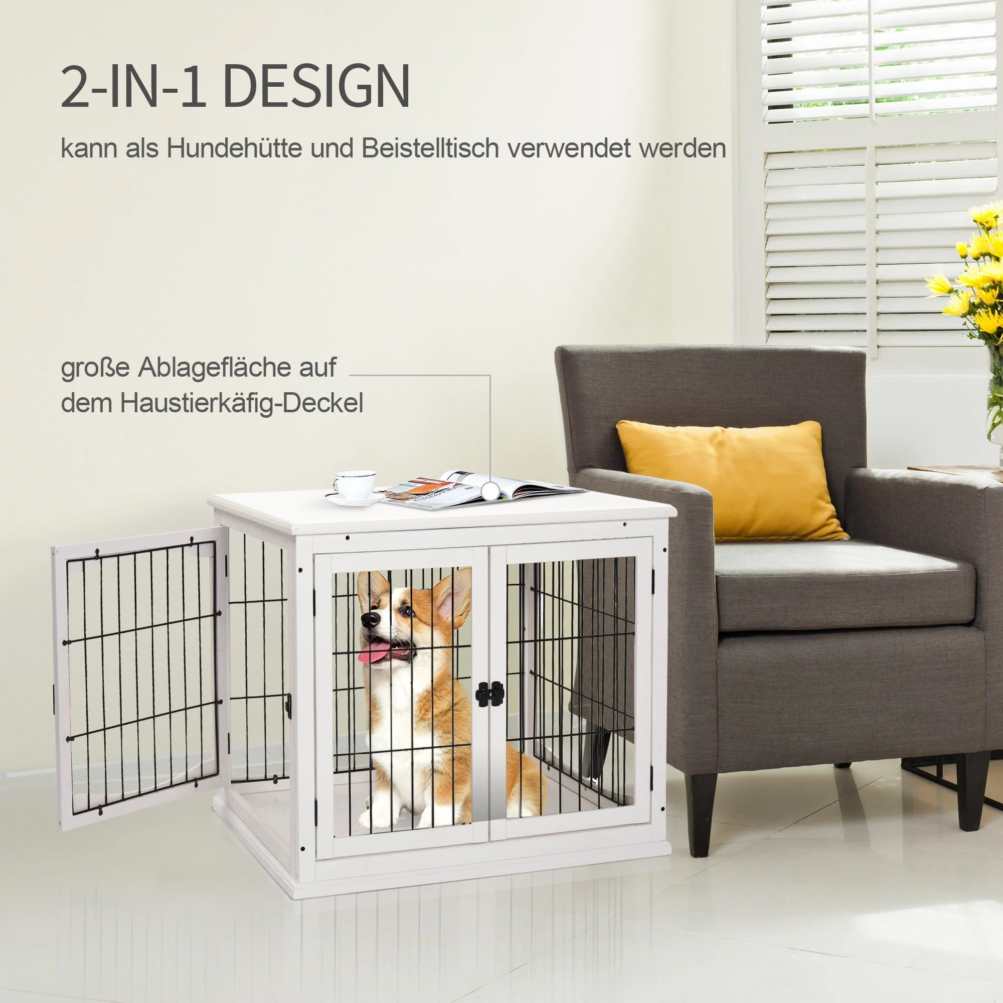 Dog House, Transport Box Small Animal Cage, MDF & Metal in White - Image 5
