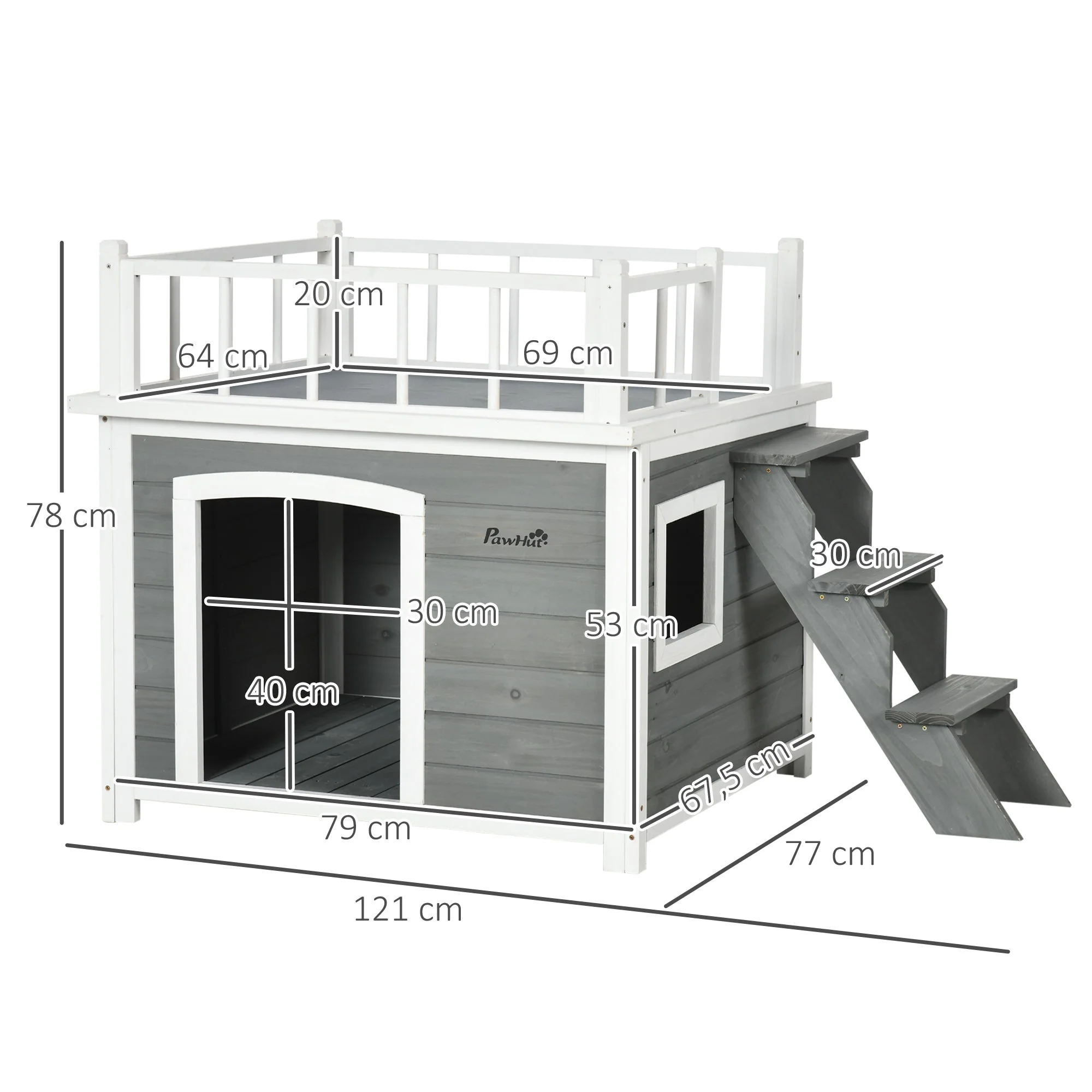 Dog House with Balcony, Stairs, Raised Window, Fir Wood - Image 3